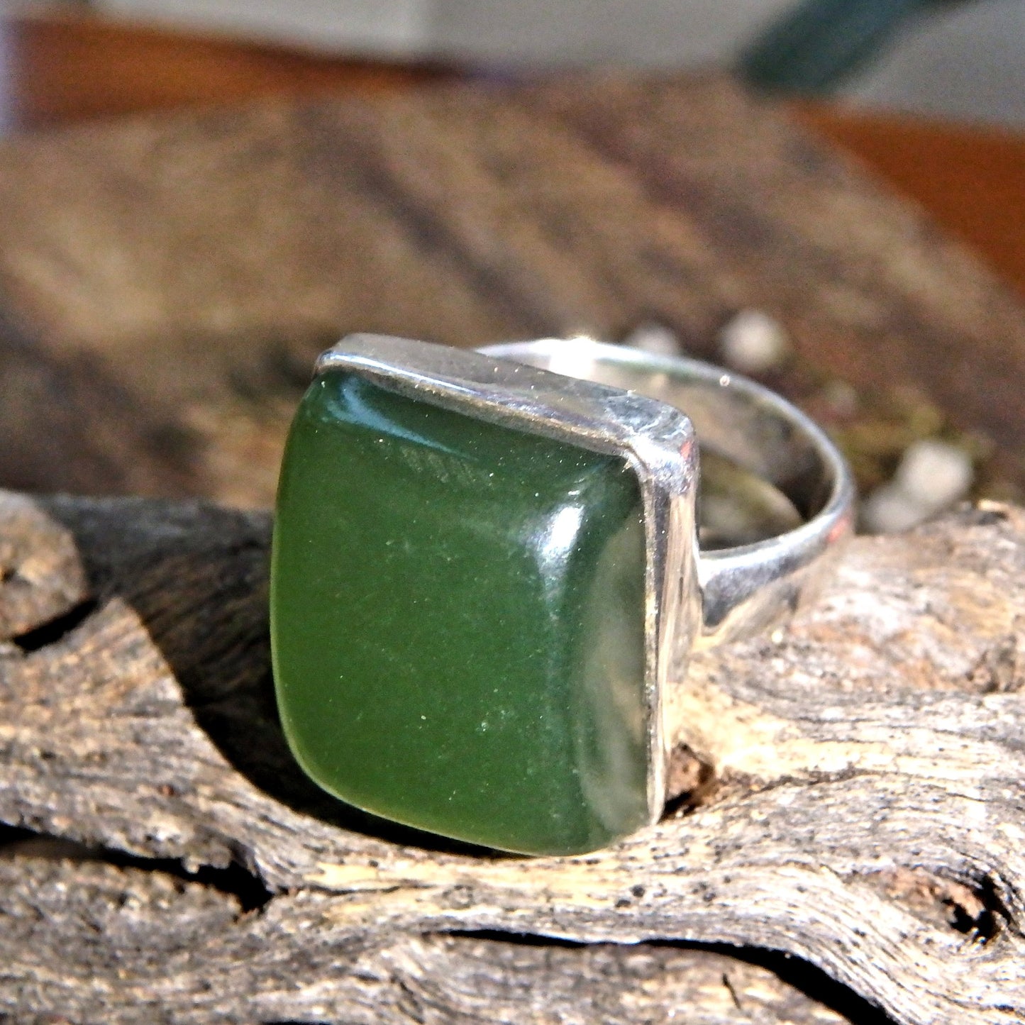Forest Green Nephrite Jade Gemstone Ring in Sterling Silver (Size 6) - Earth Family Crystals