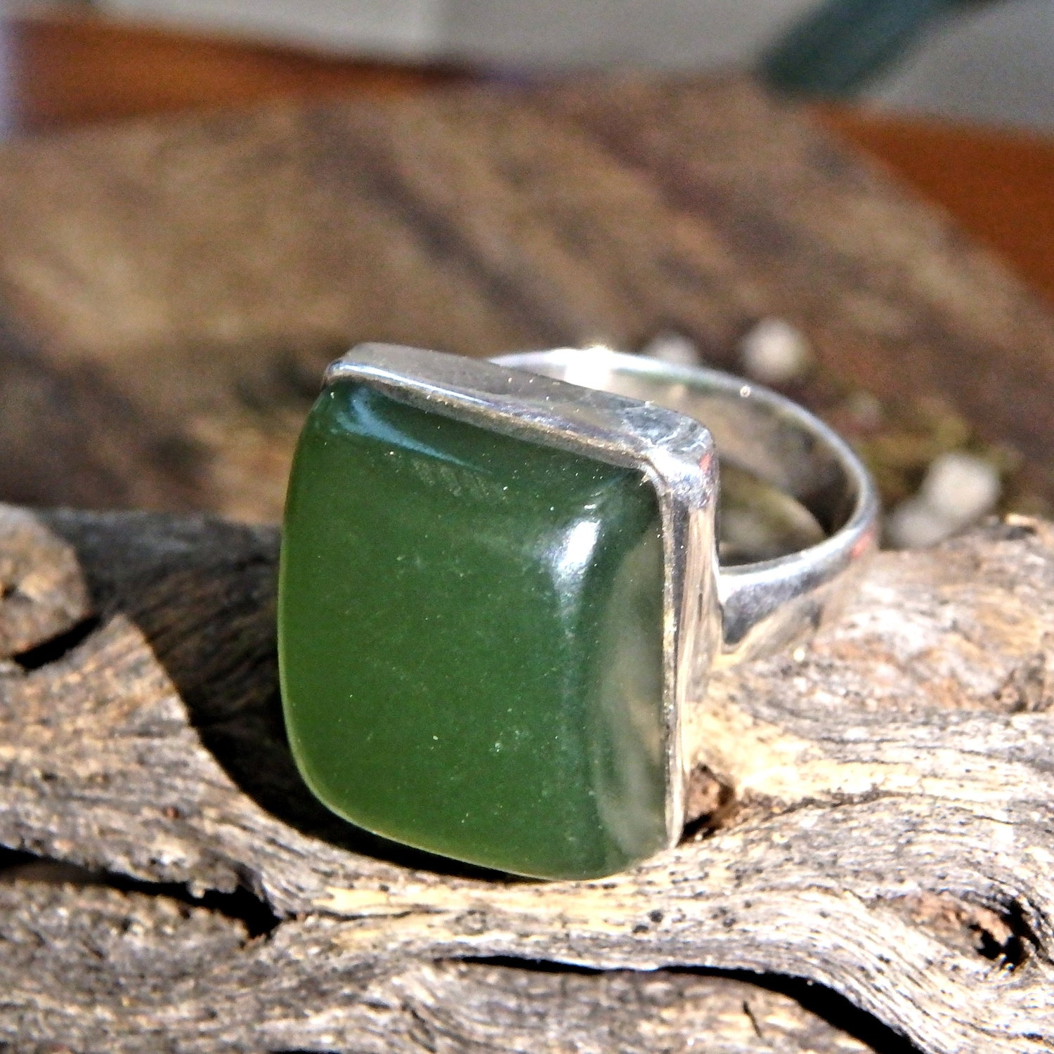 Forest Green Nephrite Jade Gemstone Ring in Sterling Silver (Size 6) - Earth Family Crystals