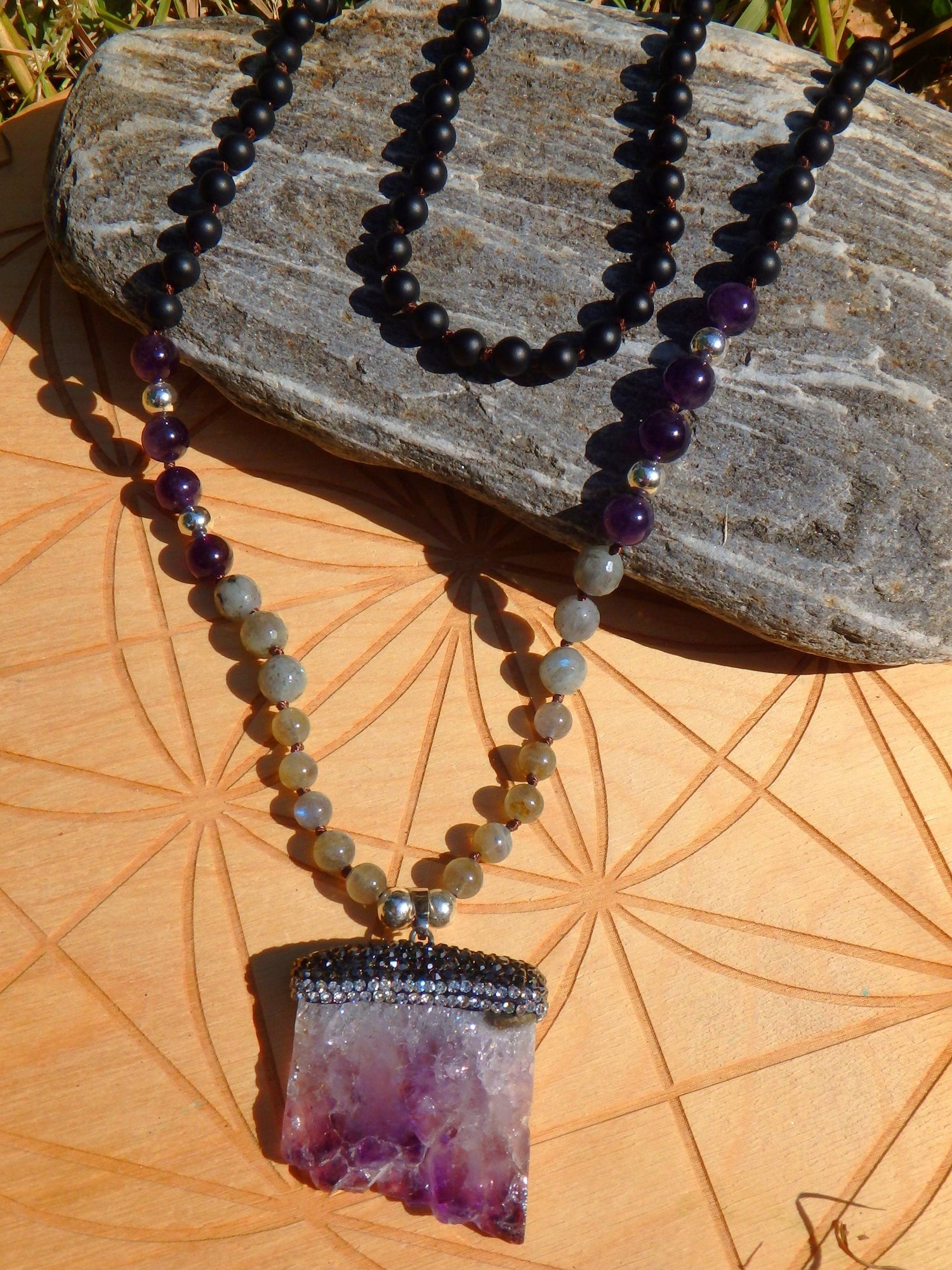 Beautiful Labradorite, Amethyst &  Obsidian Beads Long Necklace With Floating Amethyst Pendant