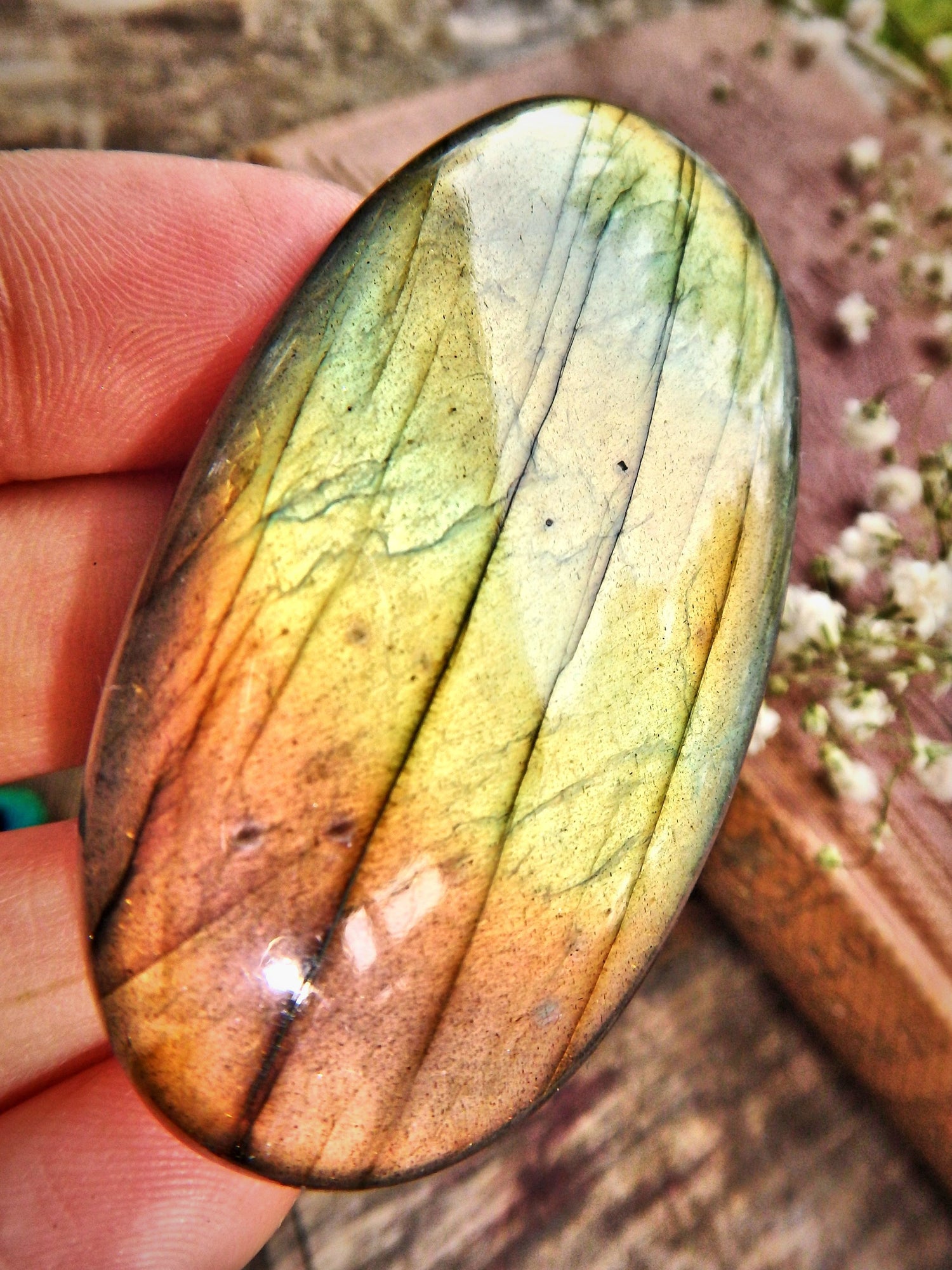 Large Orange & Golden Flash Labradorite Cabochon - Earth Family Crystals