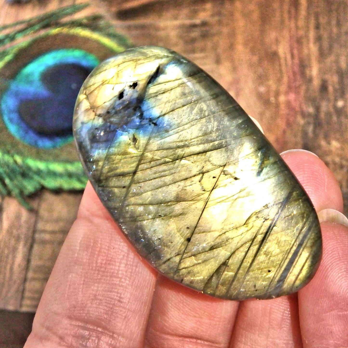  Brilliant Yellow Flash Labradorite Palm Stone 8