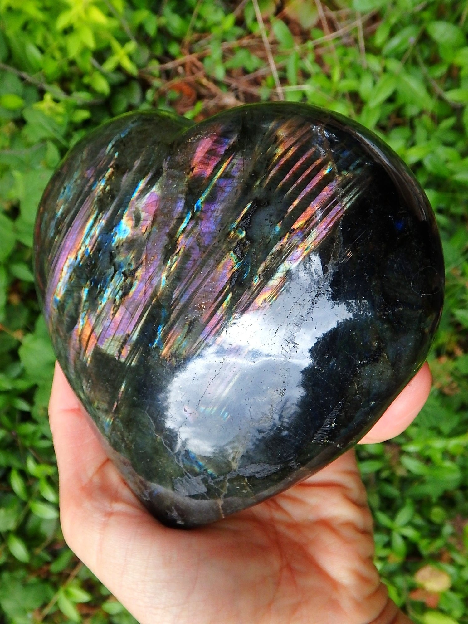 Incredible Jumbo Rare Ribbons of Pink & Purple Flashes Labradorite Puffy Heart Carving - Earth Family Crystals