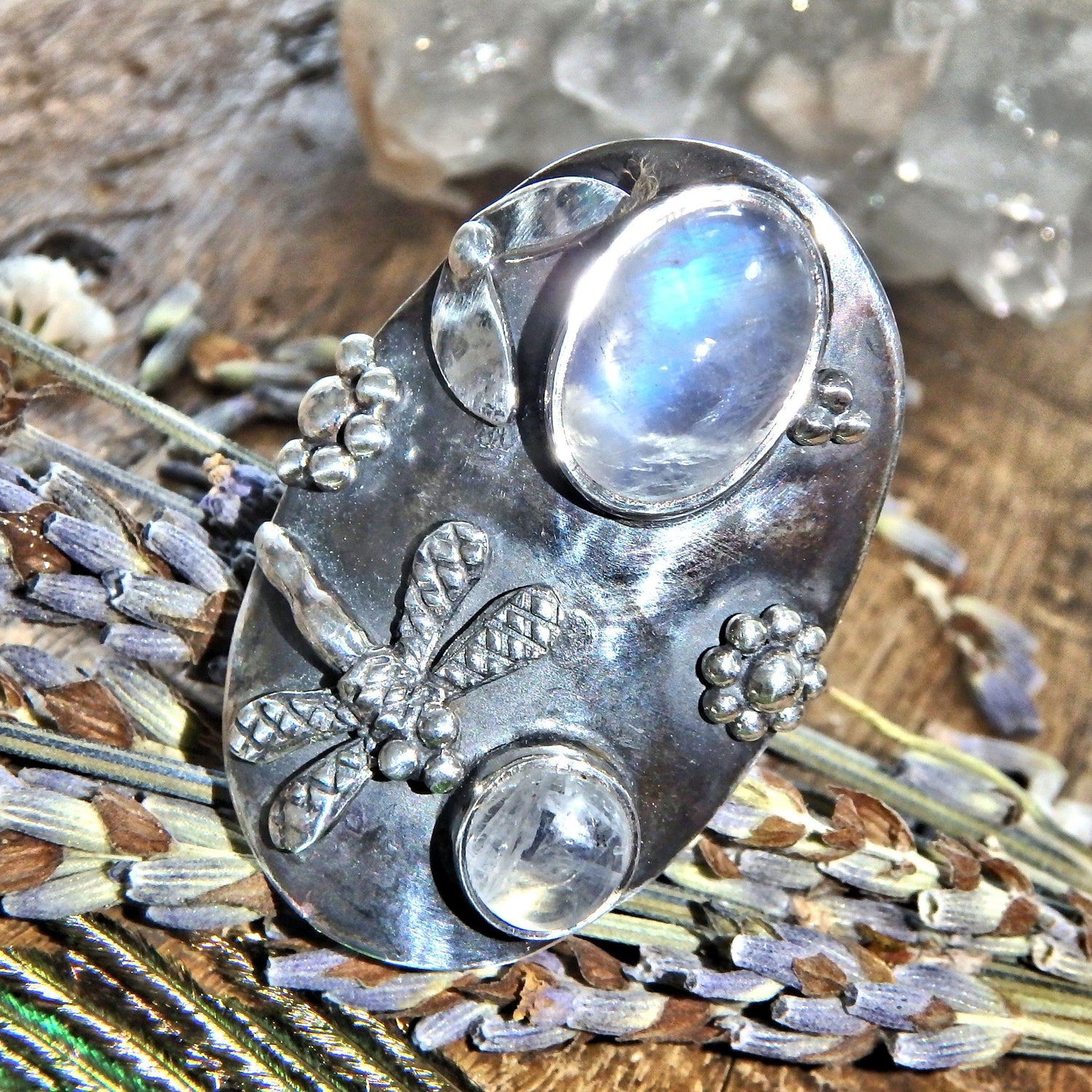  Chunky Dragonfly & Rainbow Moonstone Ring In Sterling Silver (Size 8)