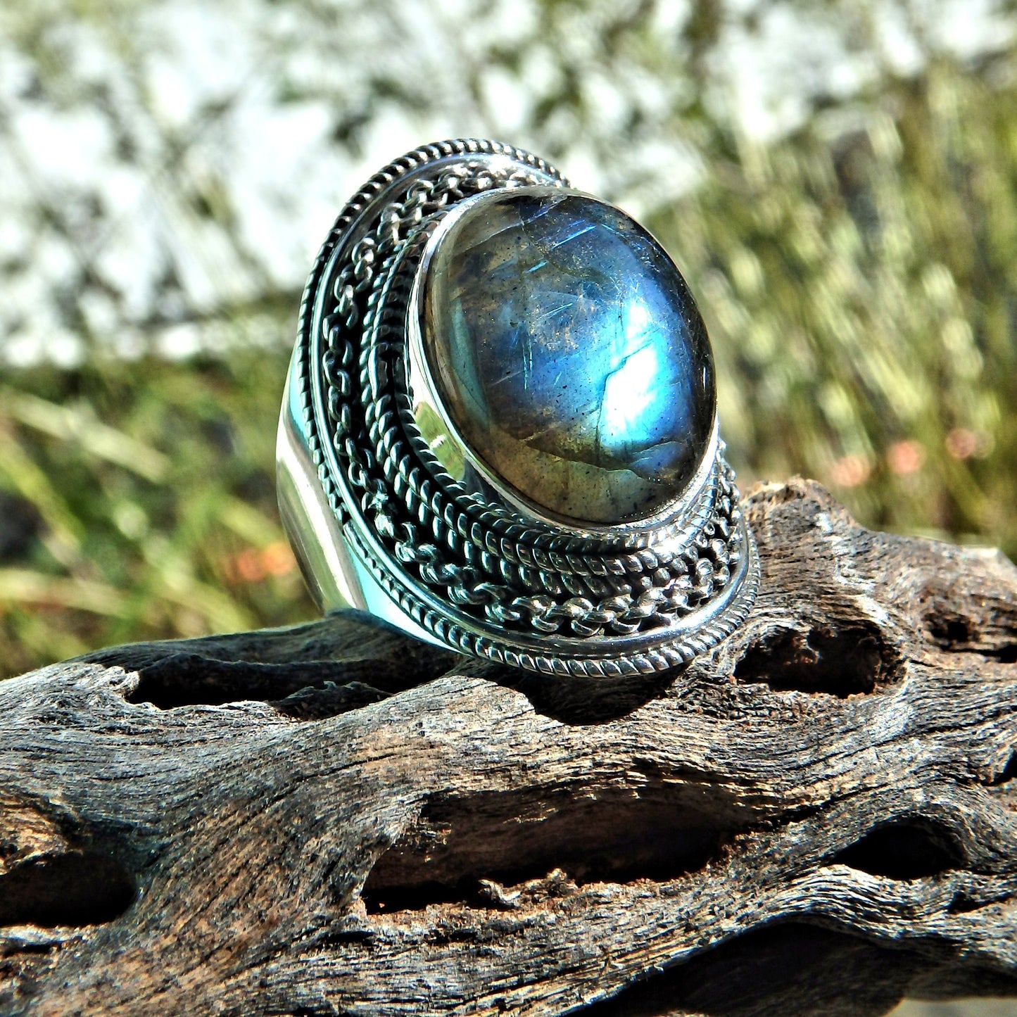 Mystical Moving Optical Blue Green Flash Labradorite Ring in Sterling Silver (Size 8.5) - Earth Family Crystals