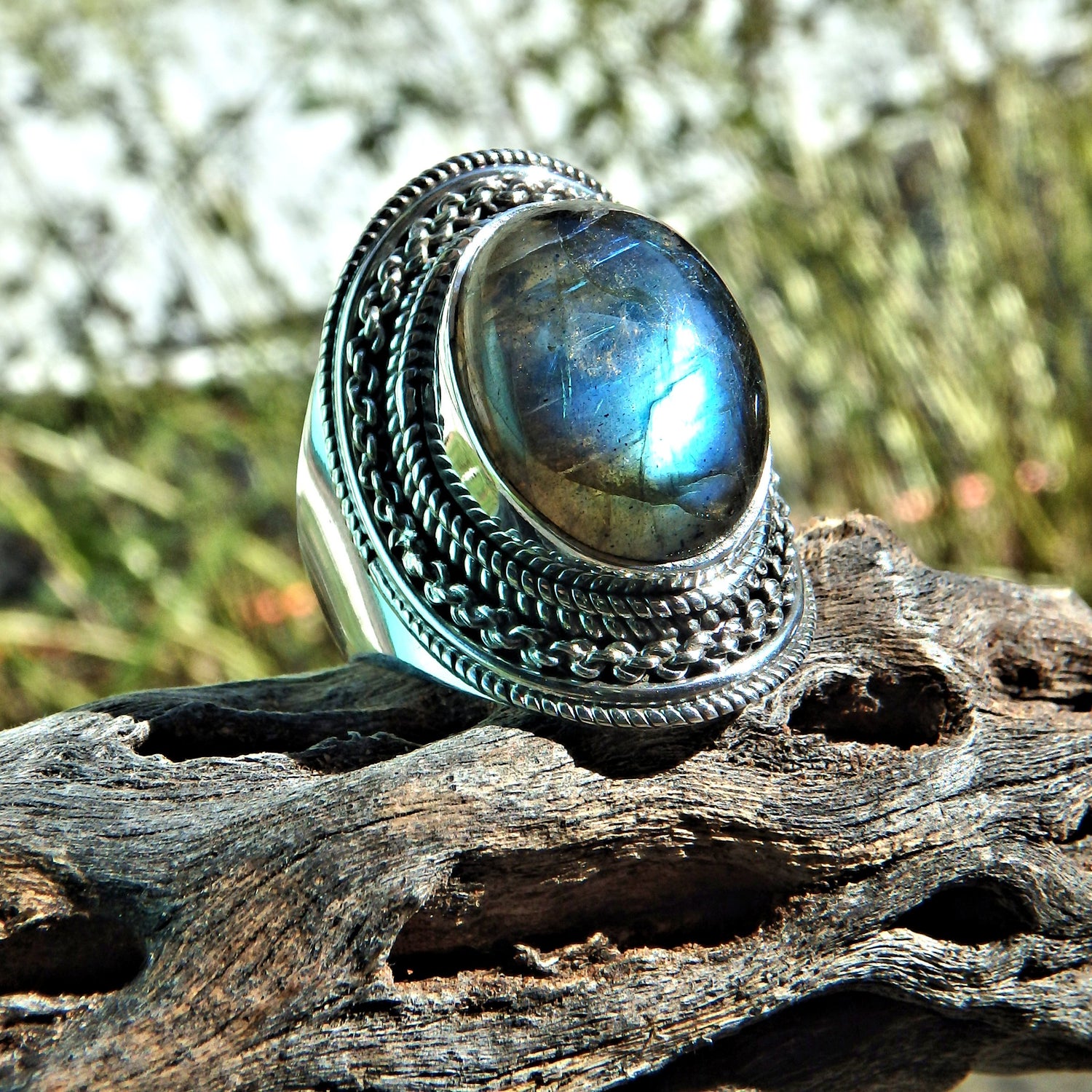 Mystical Moving Optical Blue Green Flash Labradorite Ring in Sterling Silver (Size 8.5) - Earth Family Crystals