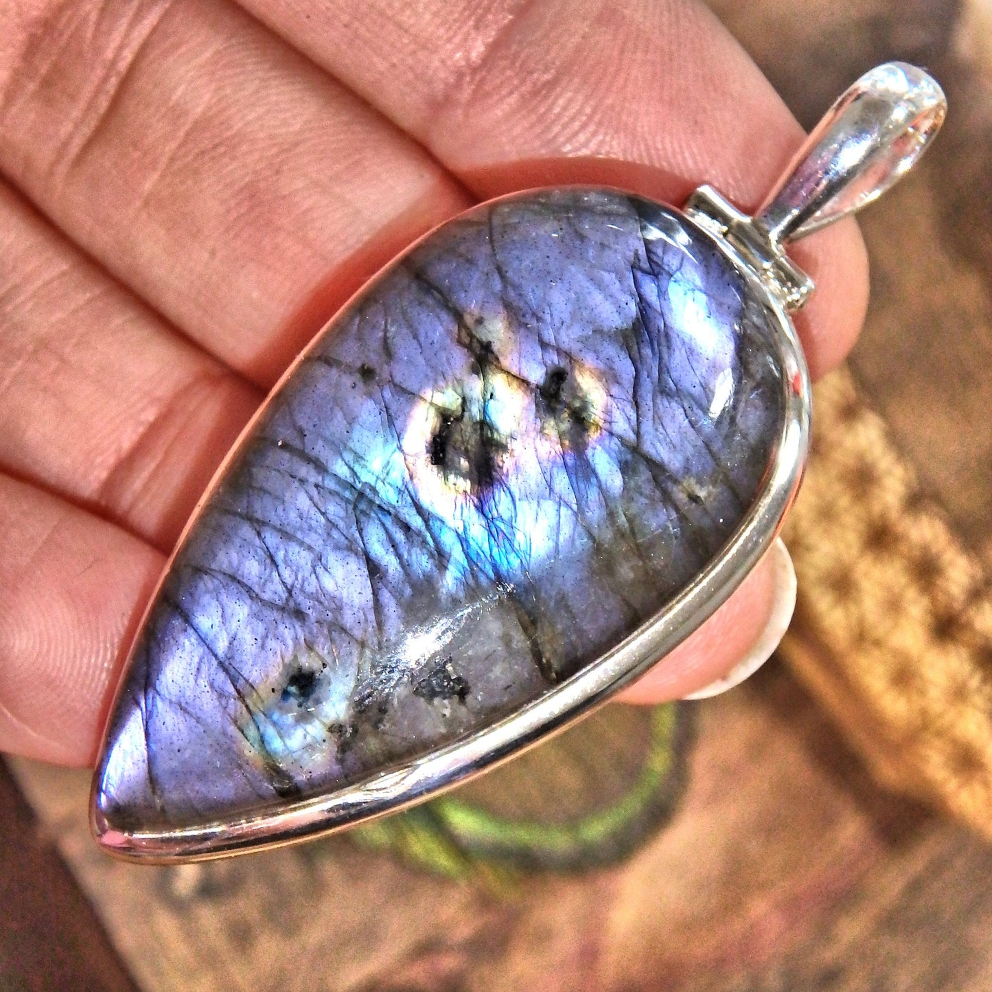 Long Teardrop Deep Purple Glow Labradorite Pendant in Sterling Silver (Includes Silver Chain) - Earth Family Crystals