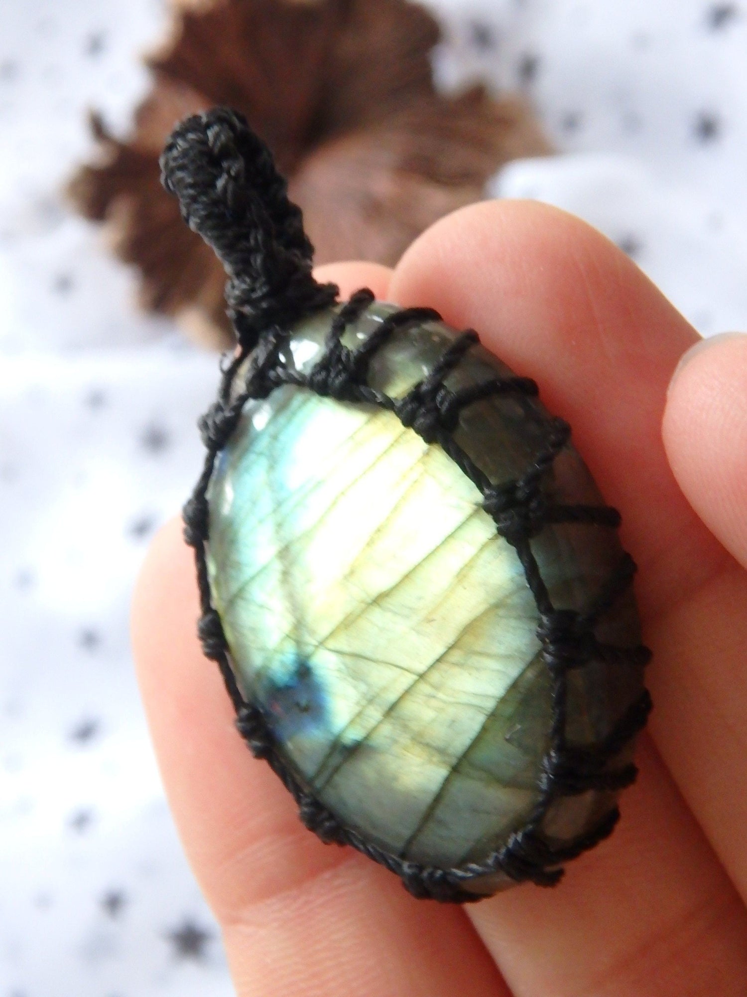  Dancing Golden Flashes Labradorite Macrame Pendant