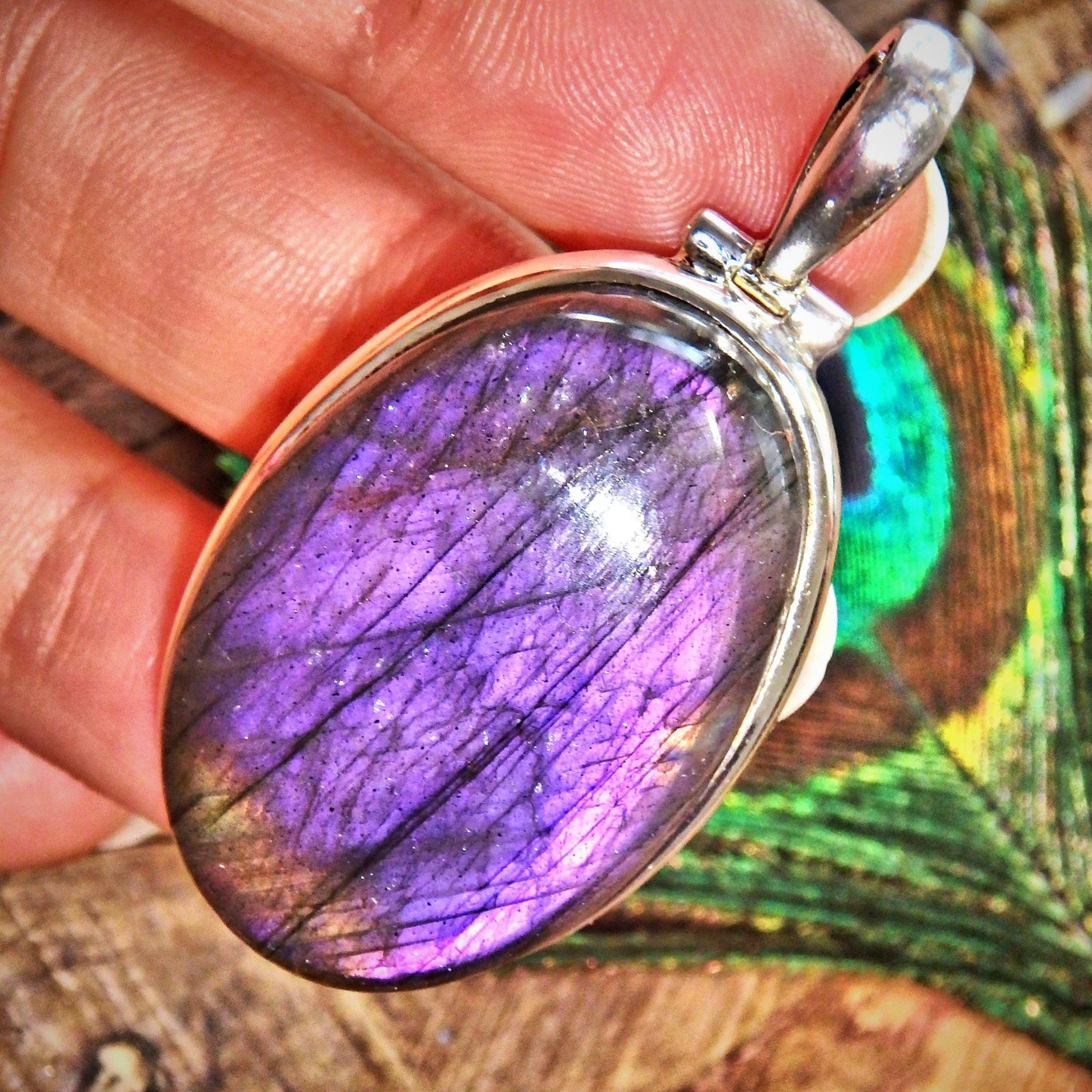  Chunky Rare Purple Glow Labradorite Sterling Silver Pendant (Includes Silver Chain)