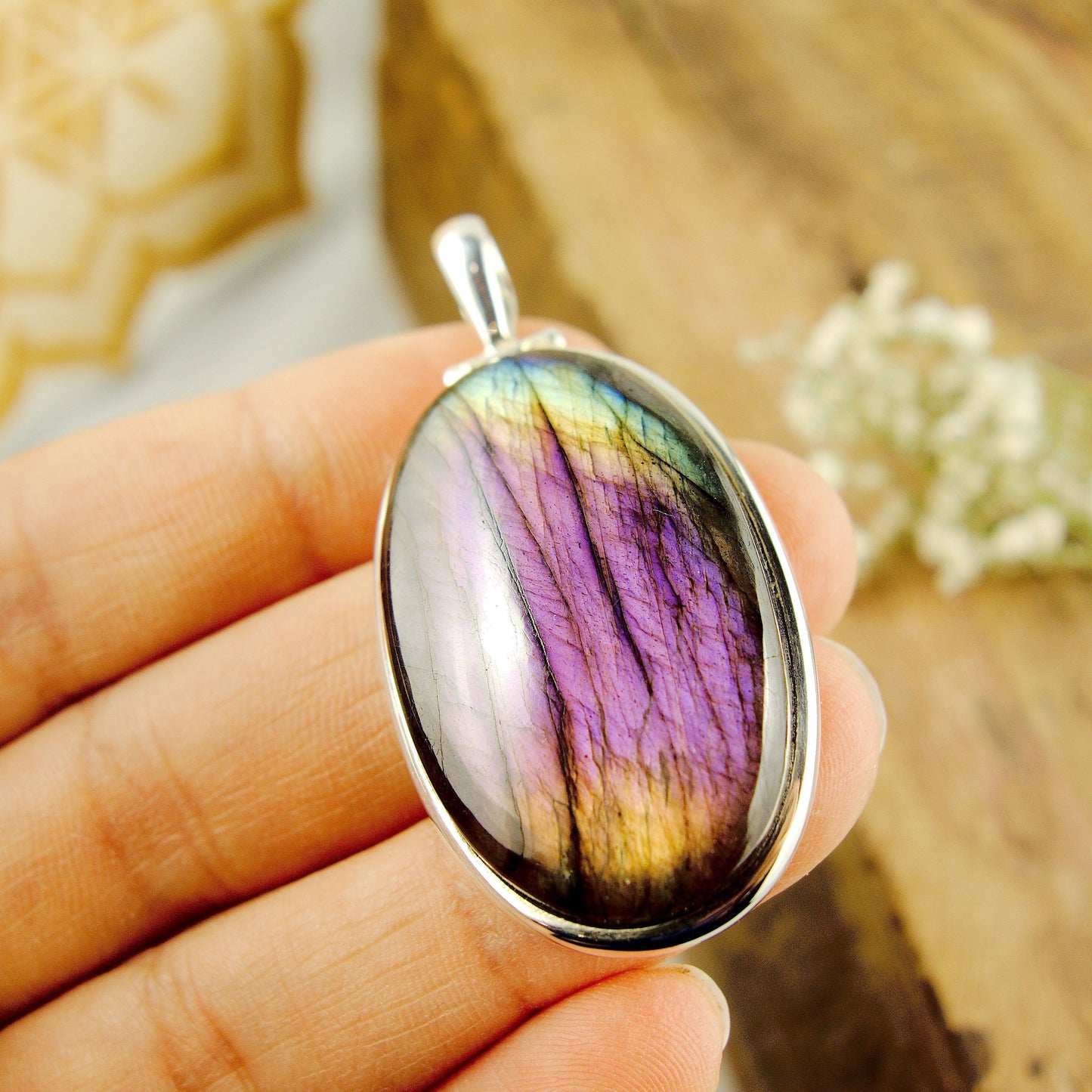  Deep Purple & Pink Rainbow Labradorite Large Pendant in Sterling Silver (Includes Silver Chain)