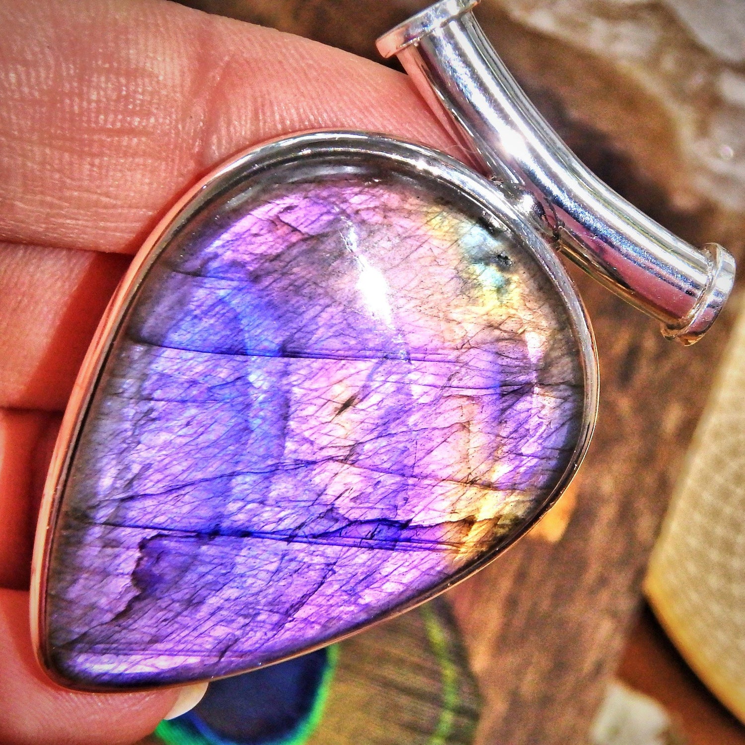  Chunky Majestic Purple & Pink Rare Flashes Labradorite Pendant in Sterling Silver (Includes Silver Chain)