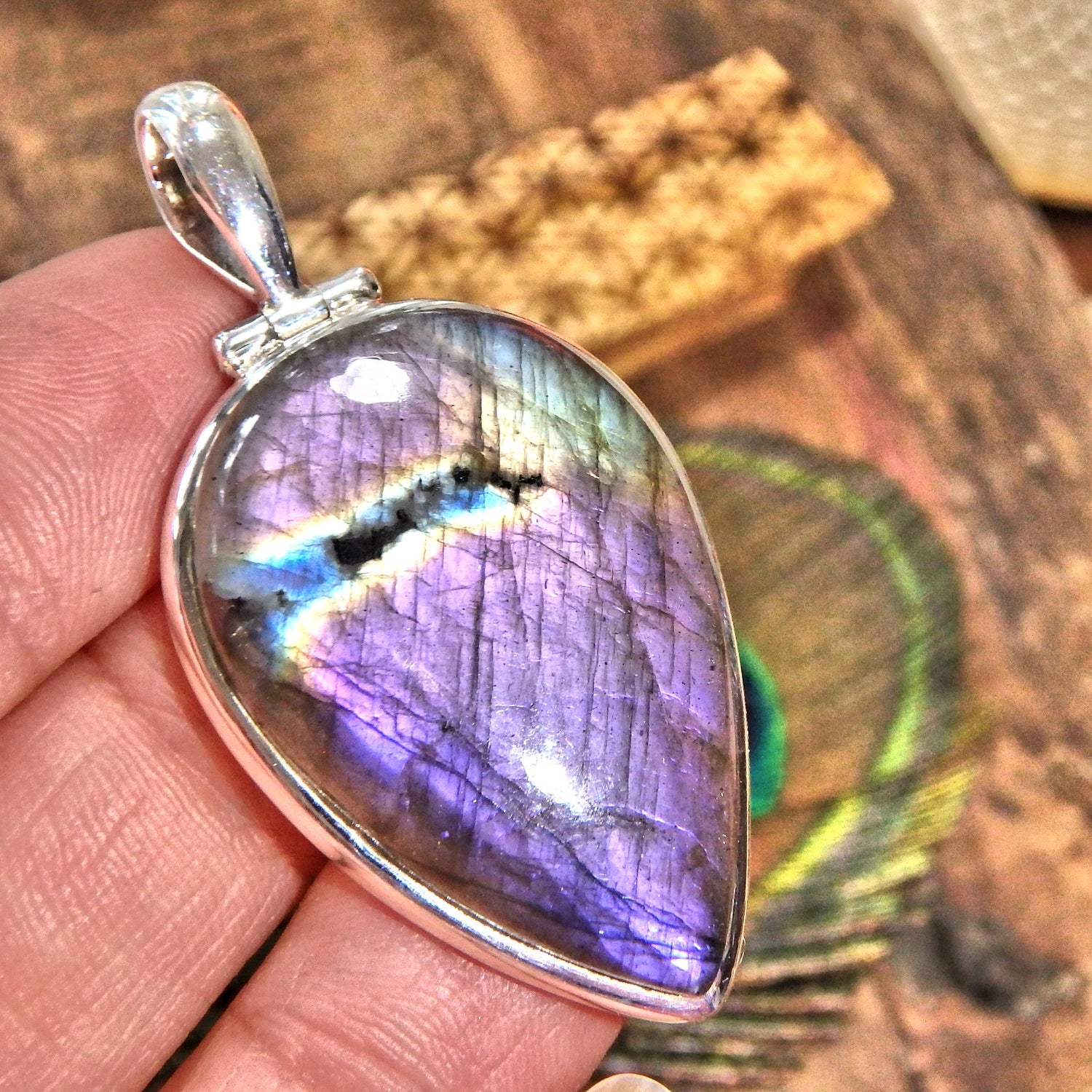 Gorgeous Teardrop Purple Flashes Labradorite Pendant in Sterling Silver (Includes Silver Chain) - Earth Family Crystals