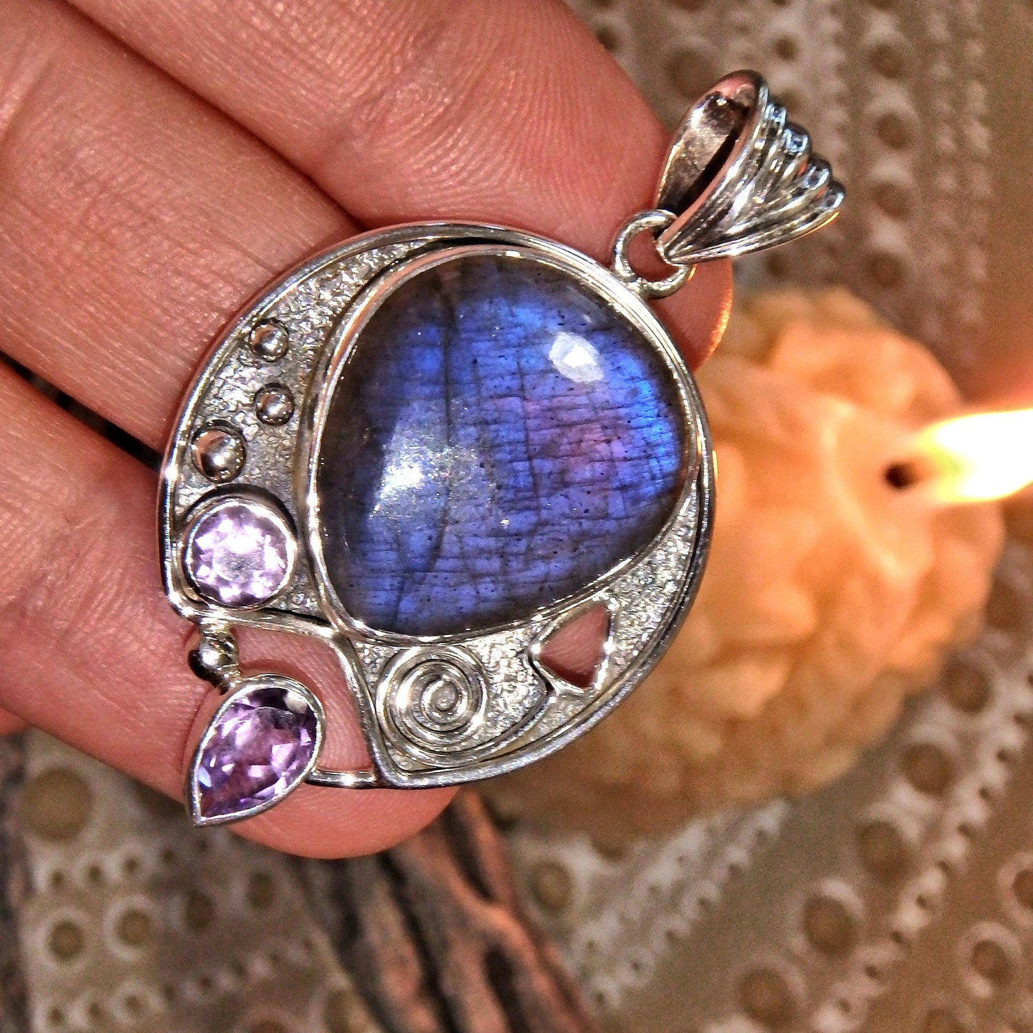  Colourful Awakening Labradorite & Faceted Amethyst Pendant Sterling Silver (Includes Silver Chain)