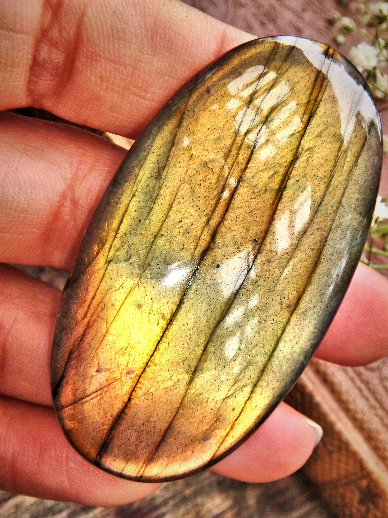 Large Orange & Golden Flash Labradorite Cabochon - Earth Family Crystals