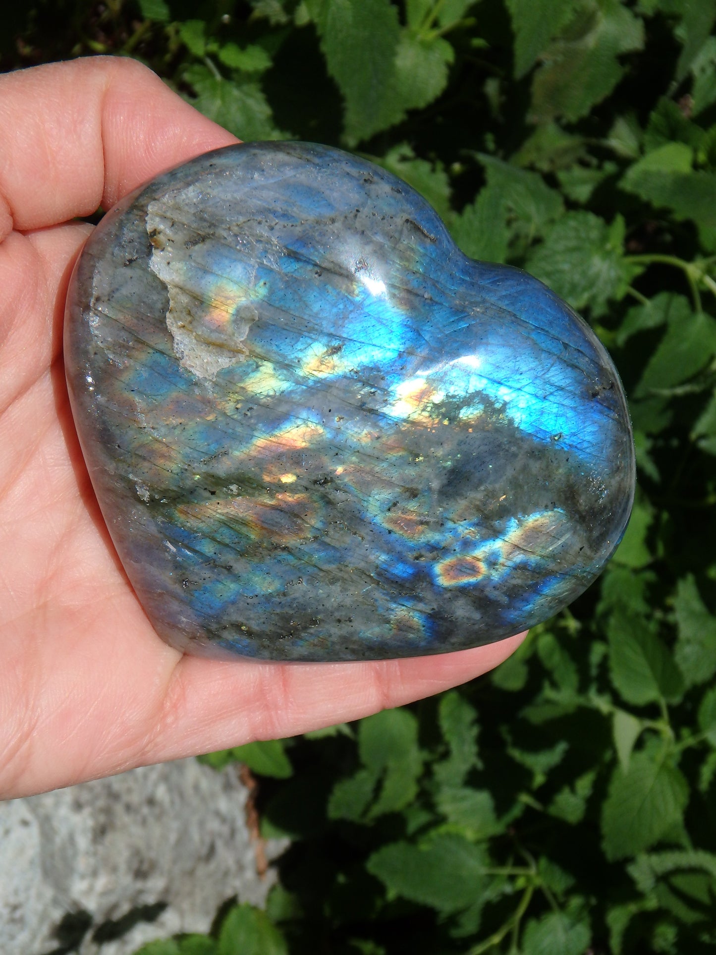 Peach Golden & Blue Flashes Labradorite Heart Carving From Madagascar - Earth Family Crystals
