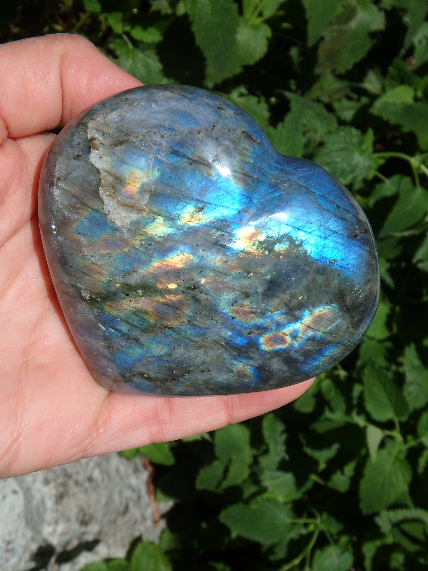 Peach Golden & Blue Flashes Labradorite Heart Carving From Madagascar - Earth Family Crystals