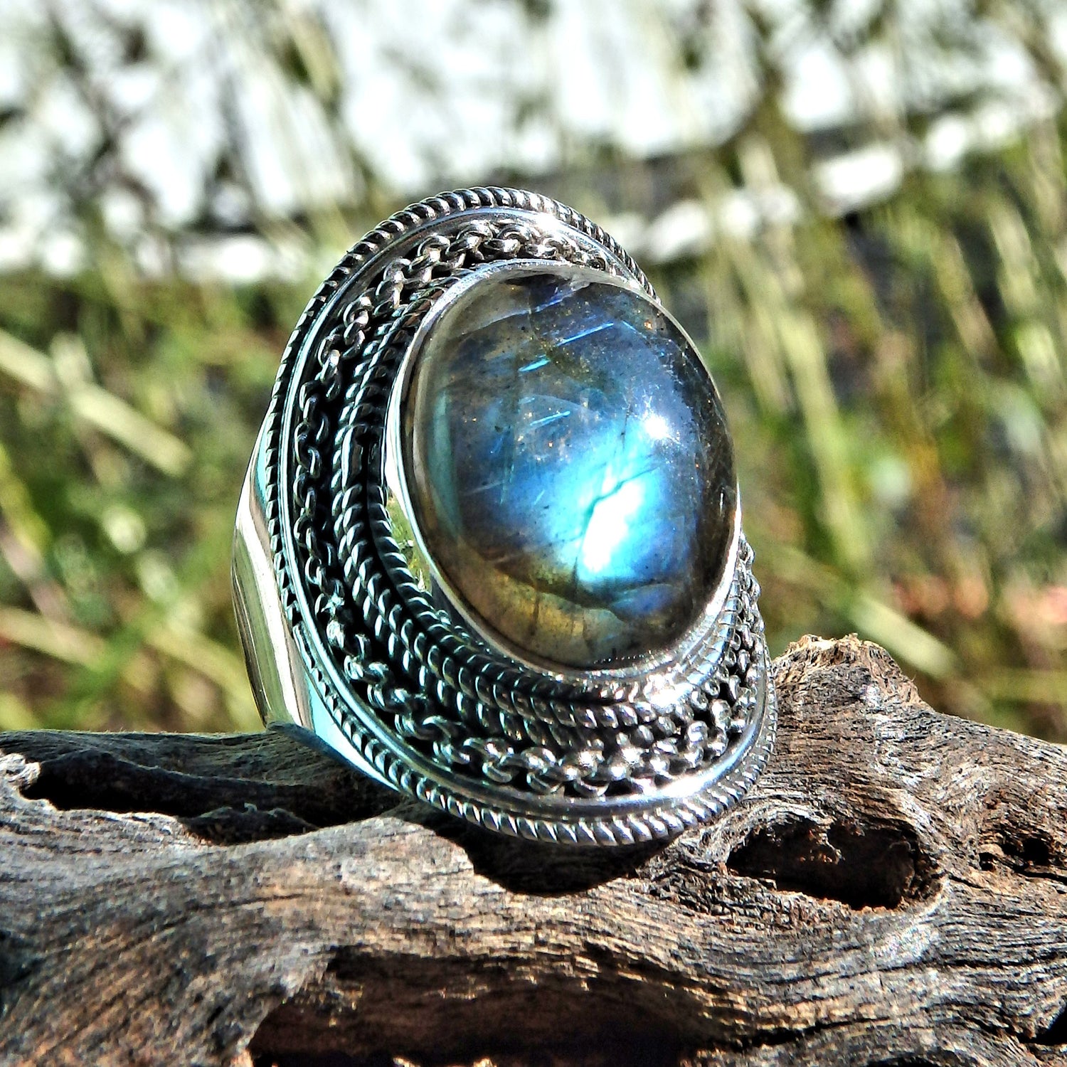 Mystical Moving Optical Blue Green Flash Labradorite Ring in Sterling Silver (Size 8.5) - Earth Family Crystals