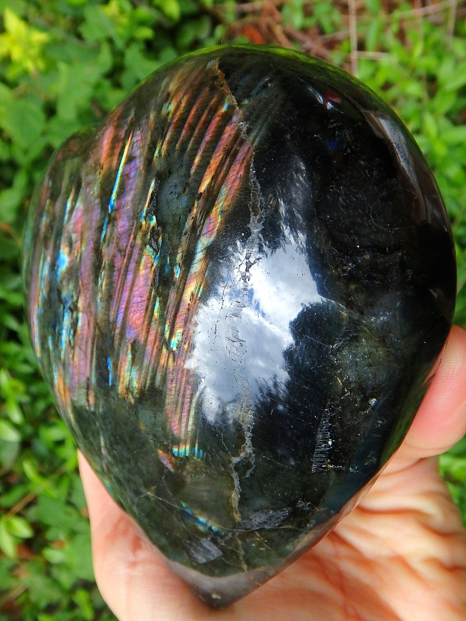 Incredible Jumbo Rare Ribbons of Pink & Purple Flashes Labradorite Puffy Heart Carving - Earth Family Crystals