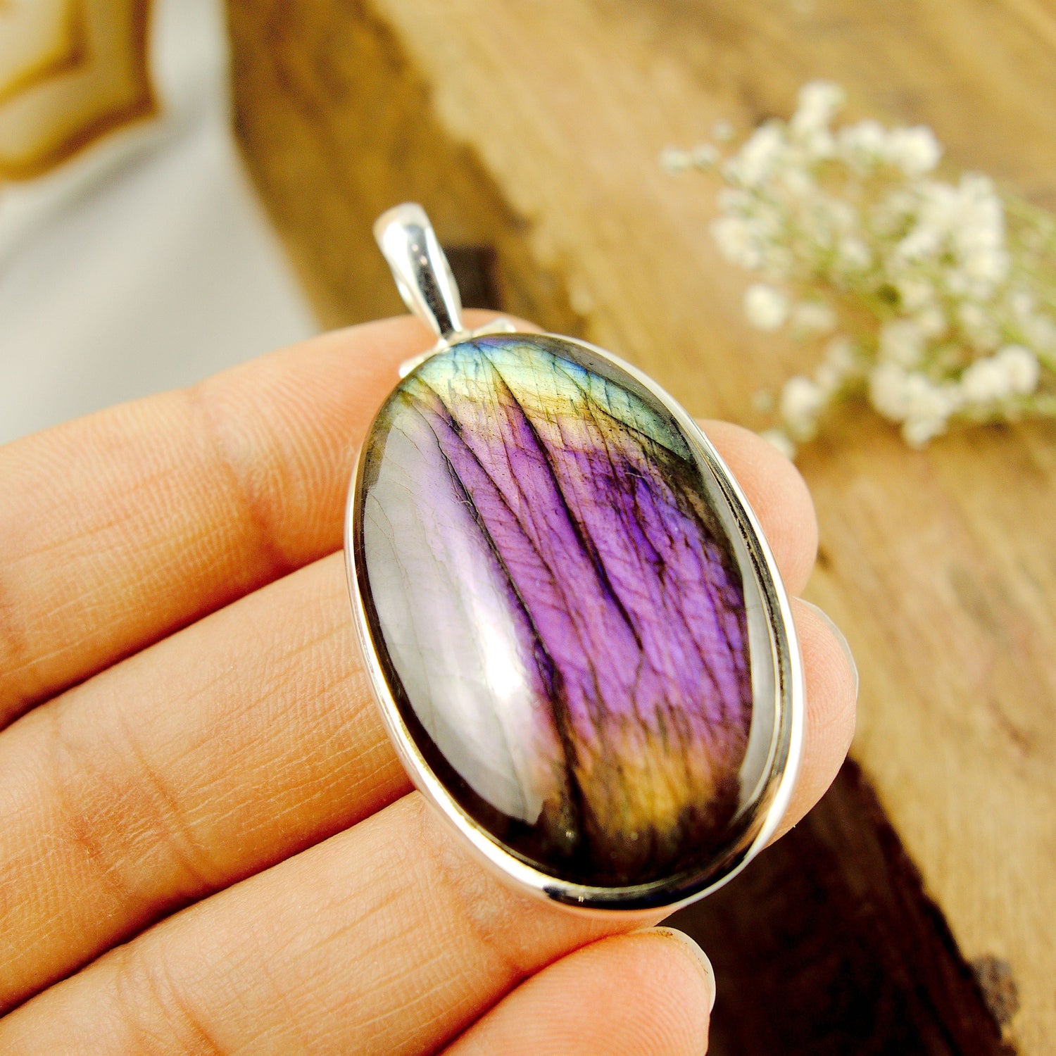  Deep Purple & Pink Rainbow Labradorite Large Pendant in Sterling Silver (Includes Silver Chain)