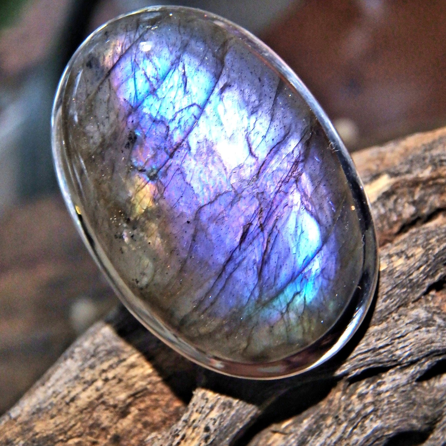  Chunky Rare Optical Dark Purple Flashes Labradorite Ring in Sterling Silver (Size 9.5)
