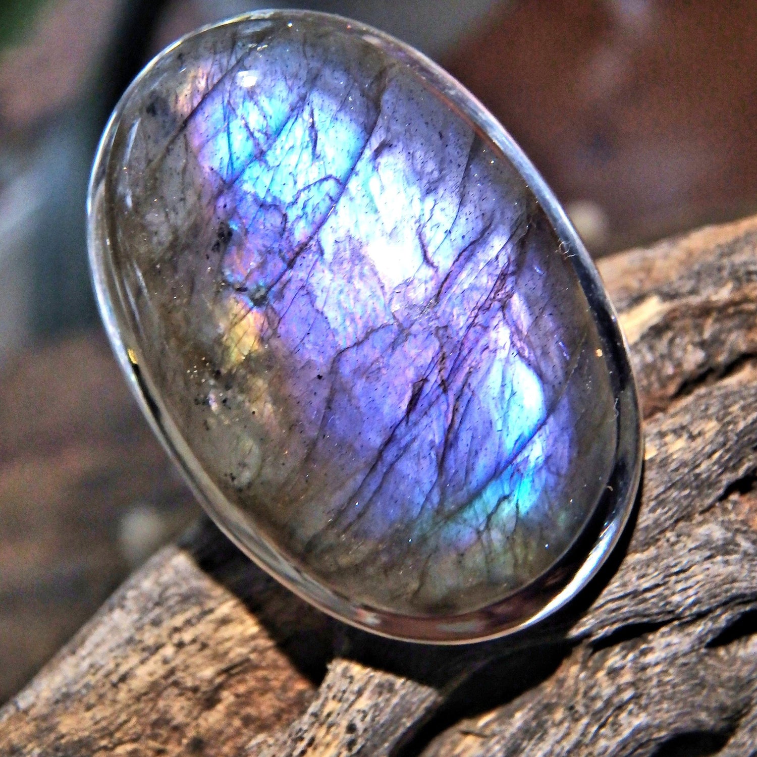  Chunky Rare Optical Dark Purple Flashes Labradorite Ring in Sterling Silver (Size 9.5)