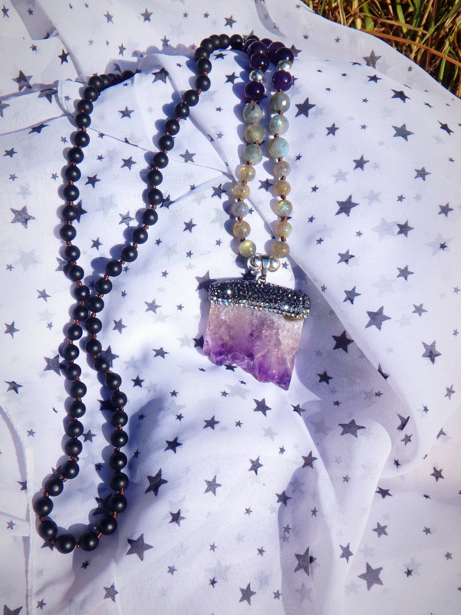  Beautiful Labradorite, Amethyst &  Obsidian Beads Long Necklace With Floating Amethyst Pendant
