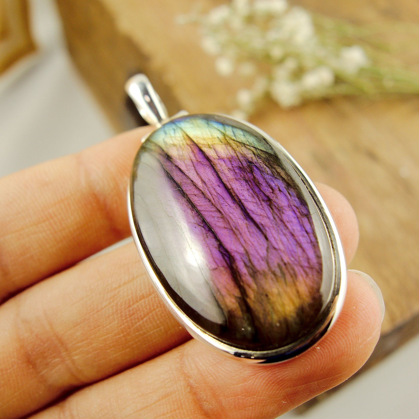  Deep Purple & Pink Rainbow Labradorite Large Pendant in Sterling Silver (Includes Silver Chain)
