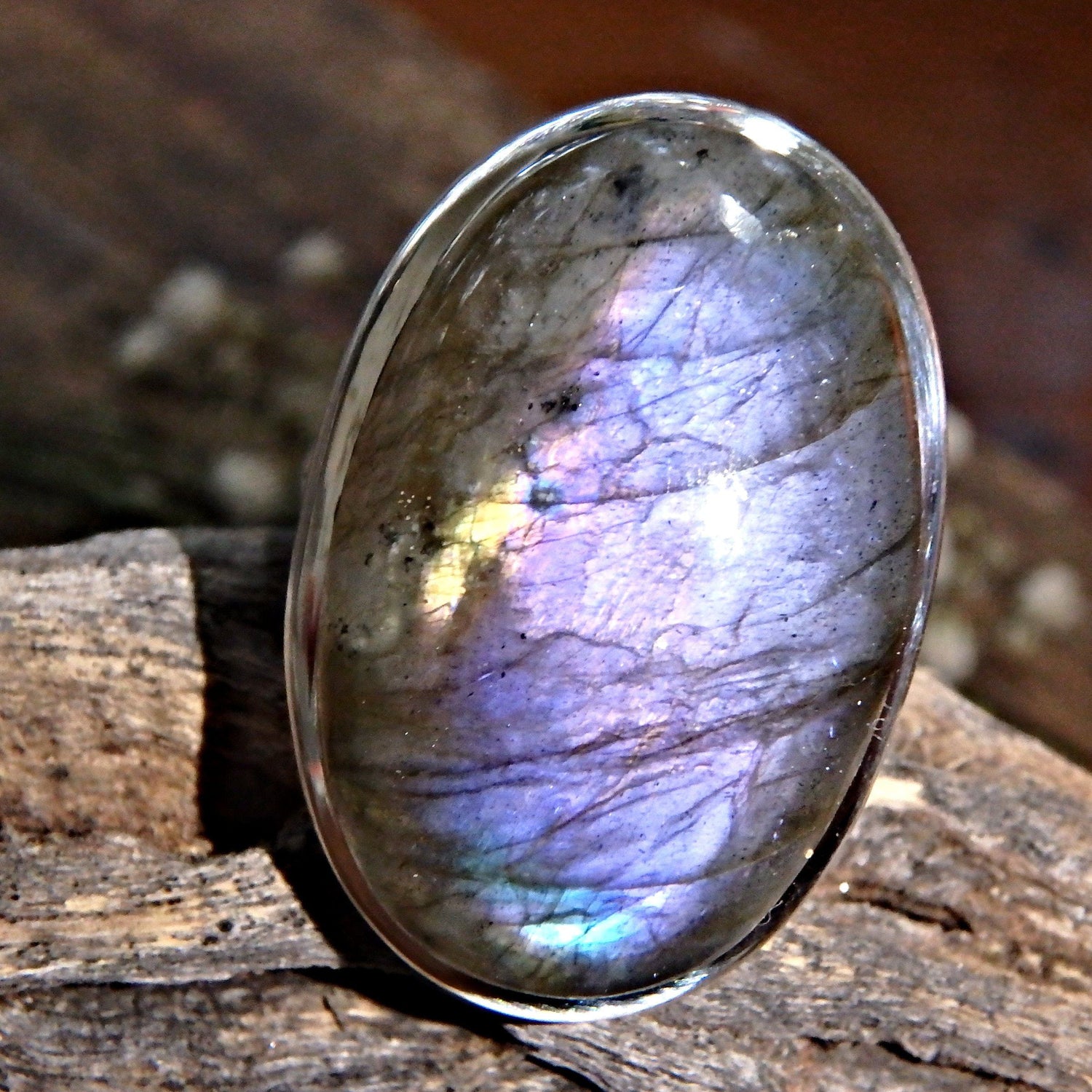  Chunky Rare Optical Dark Purple Flashes Labradorite Ring in Sterling Silver (Size 9.5)