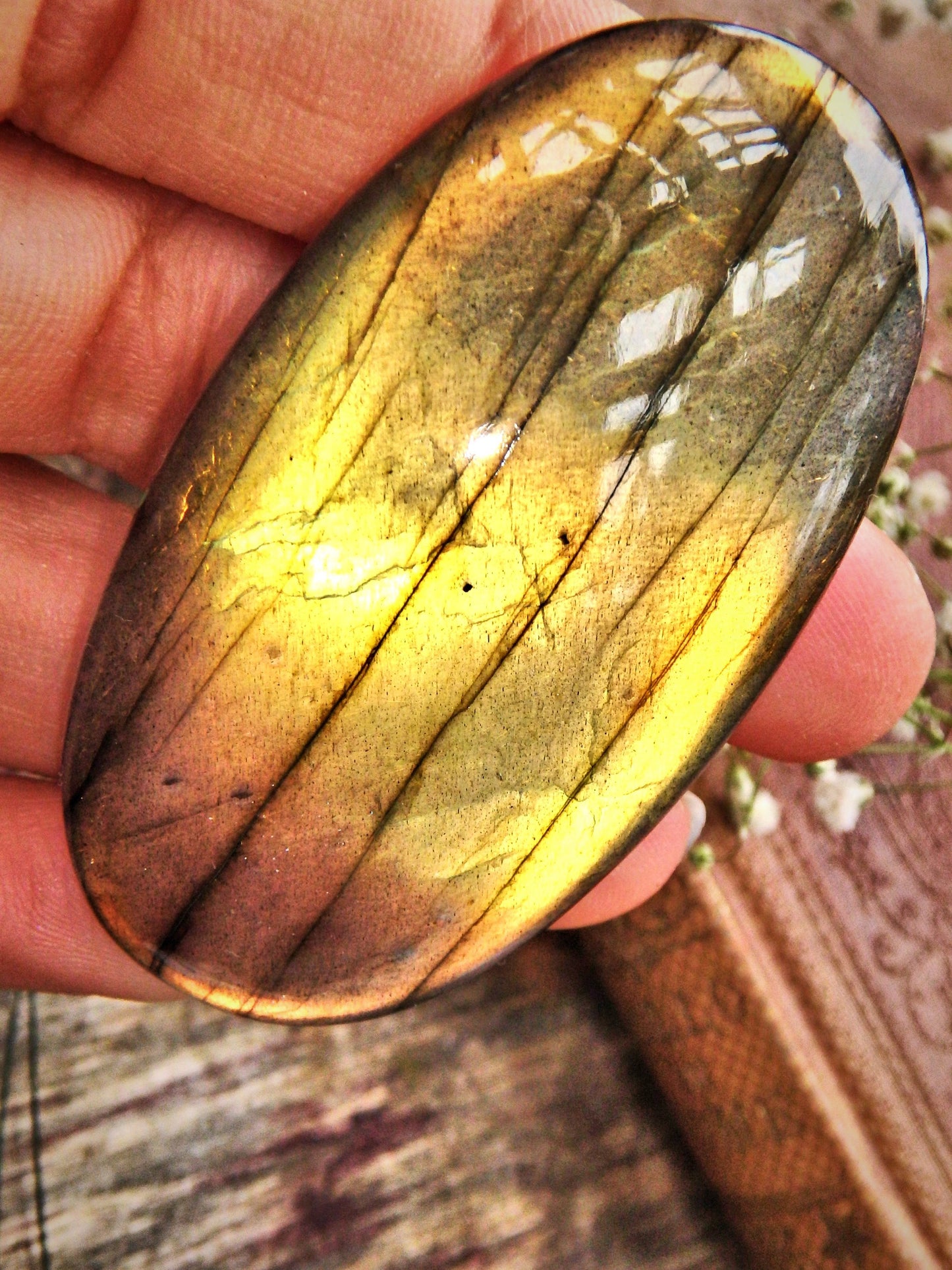 Large Orange & Golden Flash Labradorite Cabochon - Earth Family Crystals