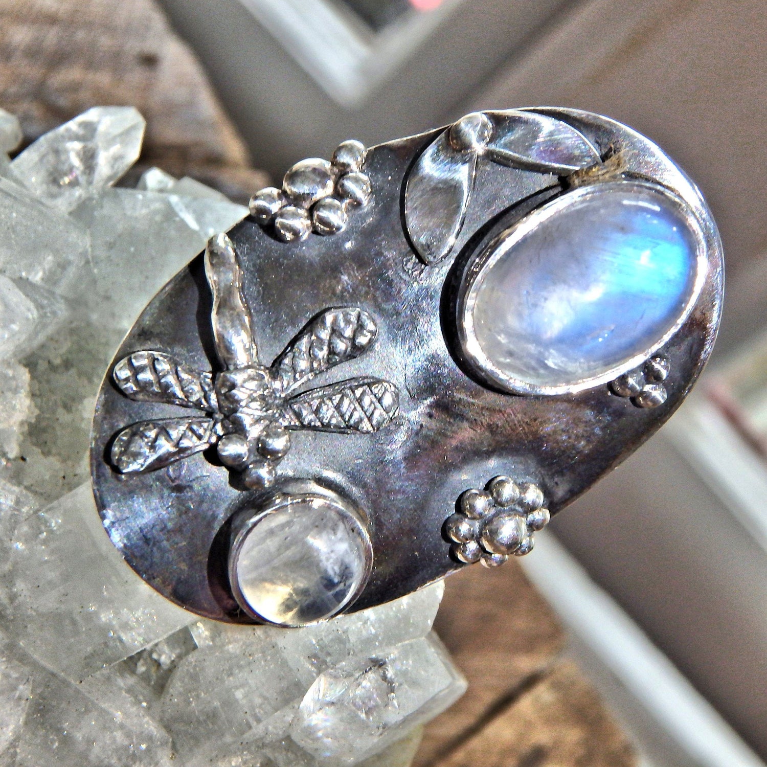  Chunky Dragonfly & Rainbow Moonstone Ring In Sterling Silver (Size 8)