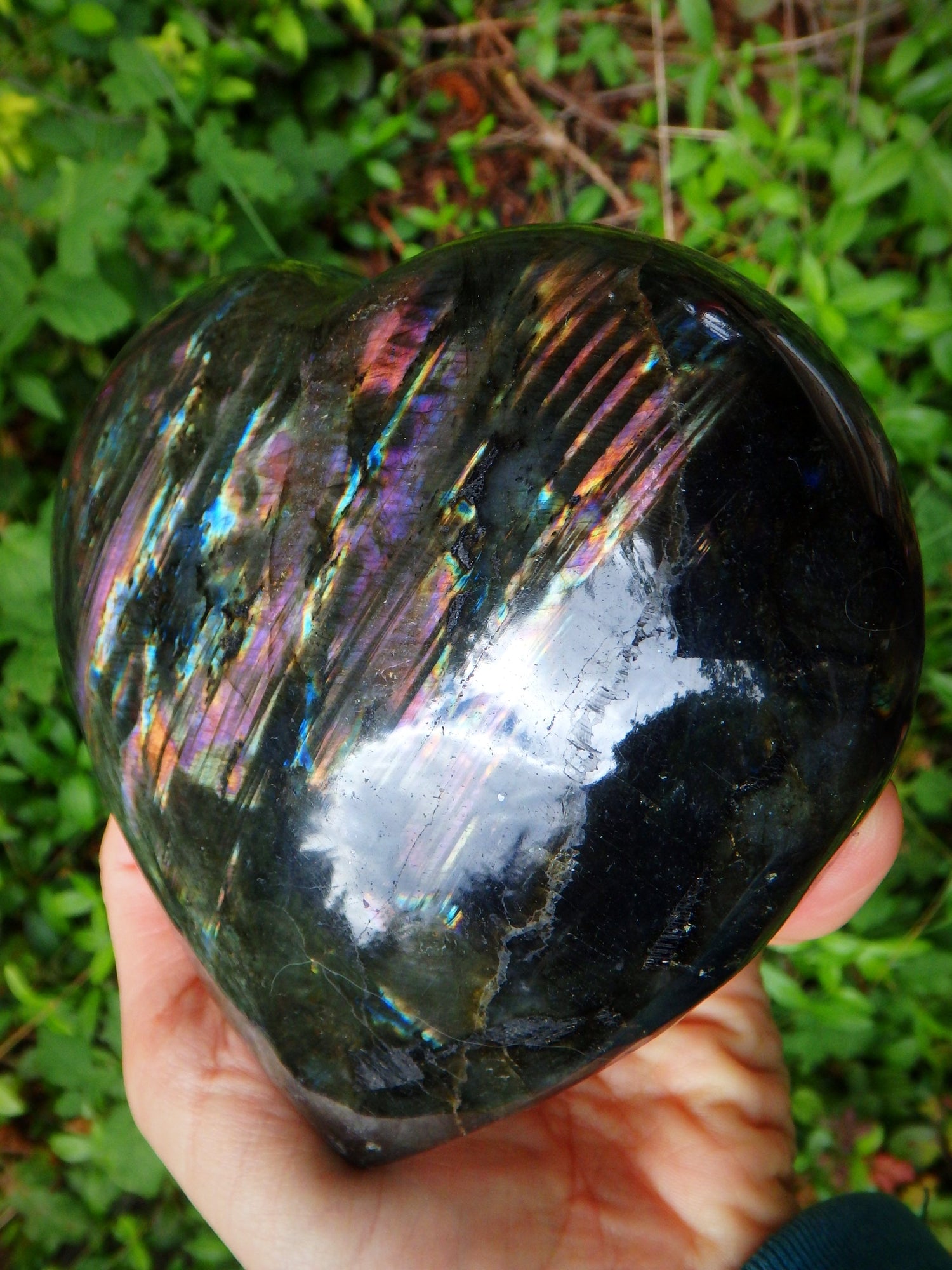 Incredible Jumbo Rare Ribbons of Pink & Purple Flashes Labradorite Puffy Heart Carving - Earth Family Crystals