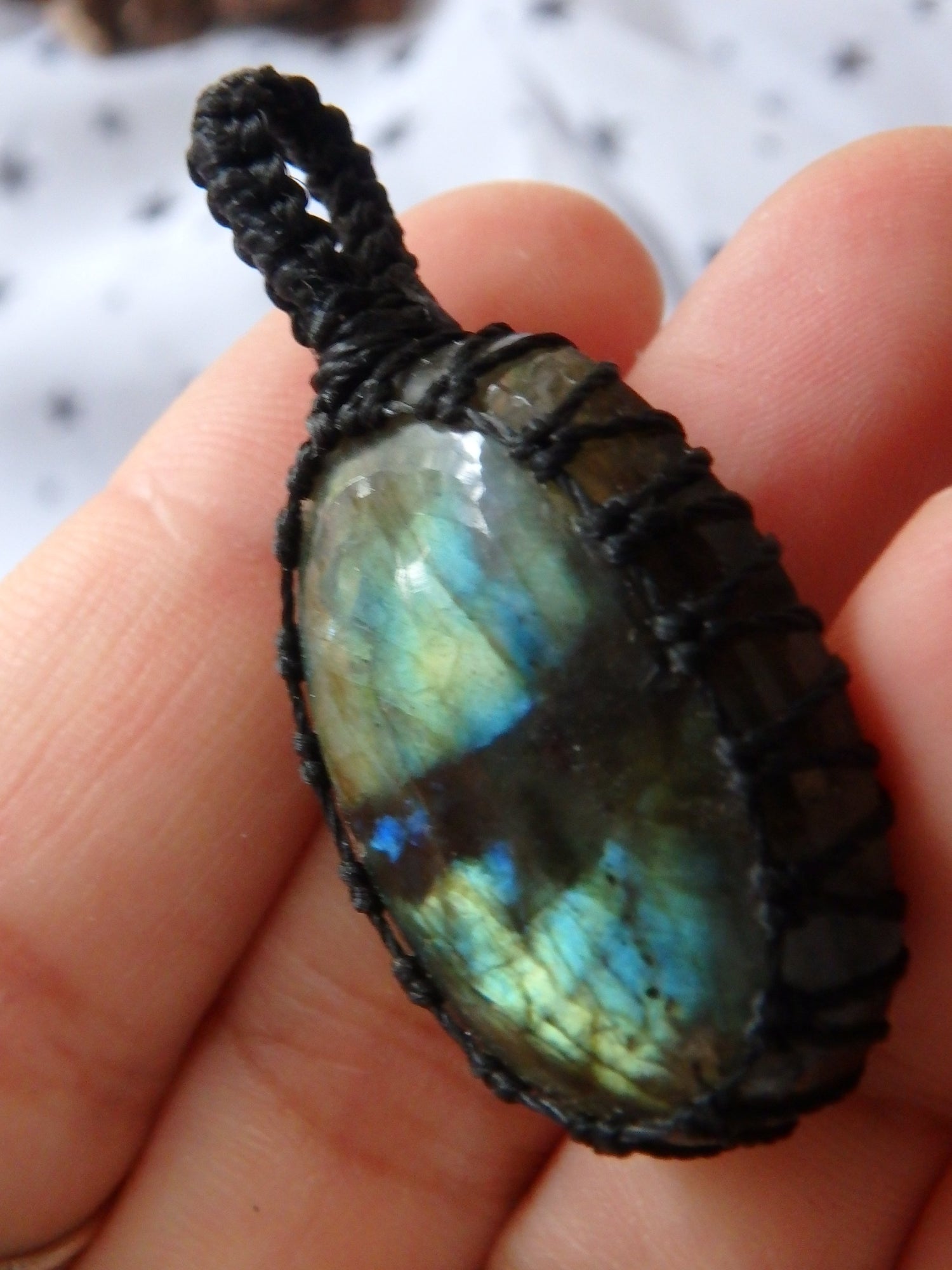 Gorgeous Flashes Labradorite Macrame Pendant - Earth Family Crystals