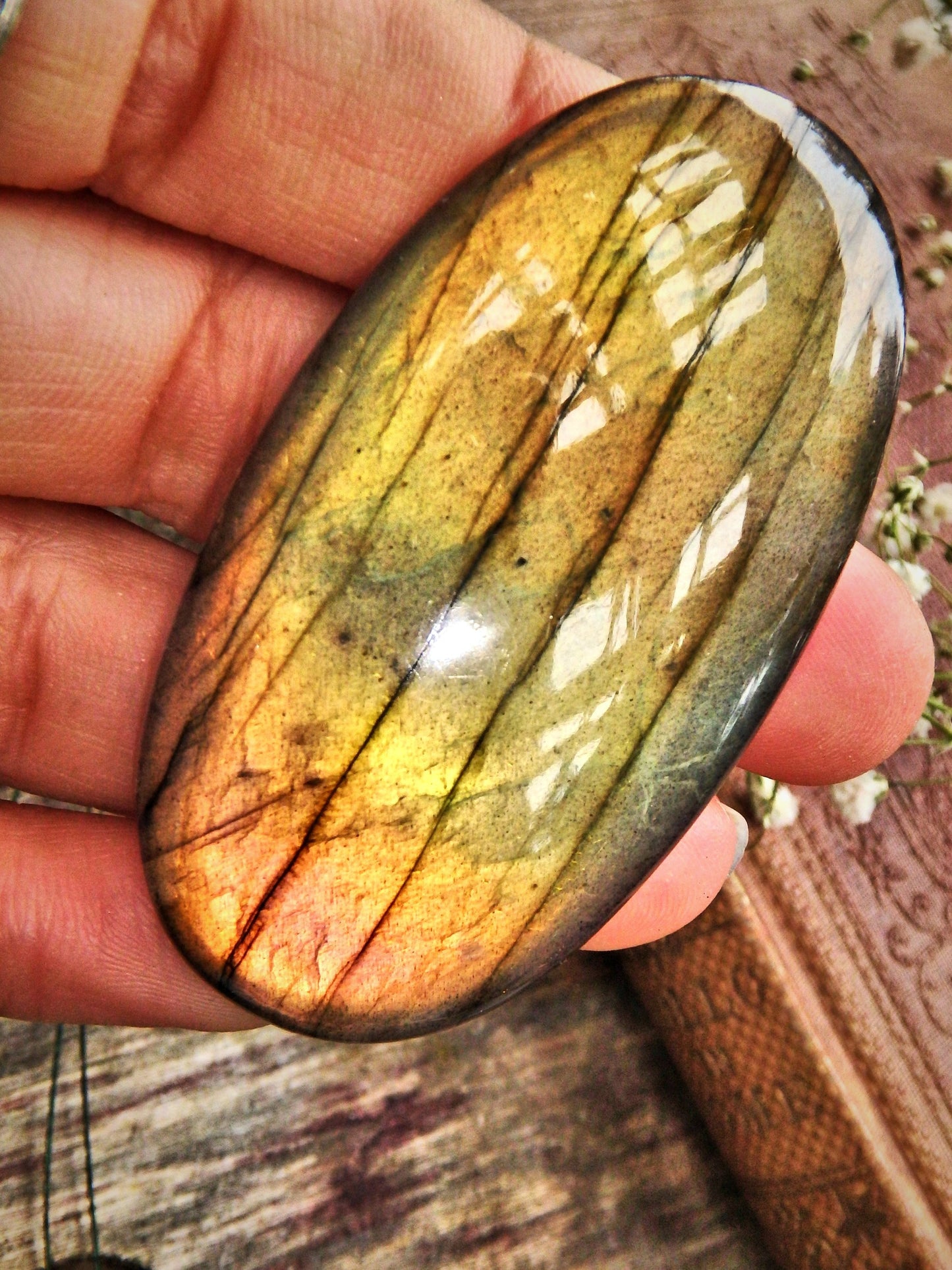 Large Orange & Golden Flash Labradorite Cabochon - Earth Family Crystals