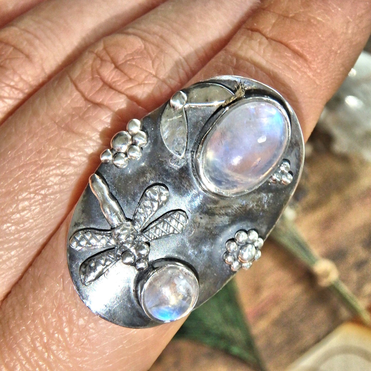  Chunky Dragonfly & Rainbow Moonstone Ring In Sterling Silver (Size 8)