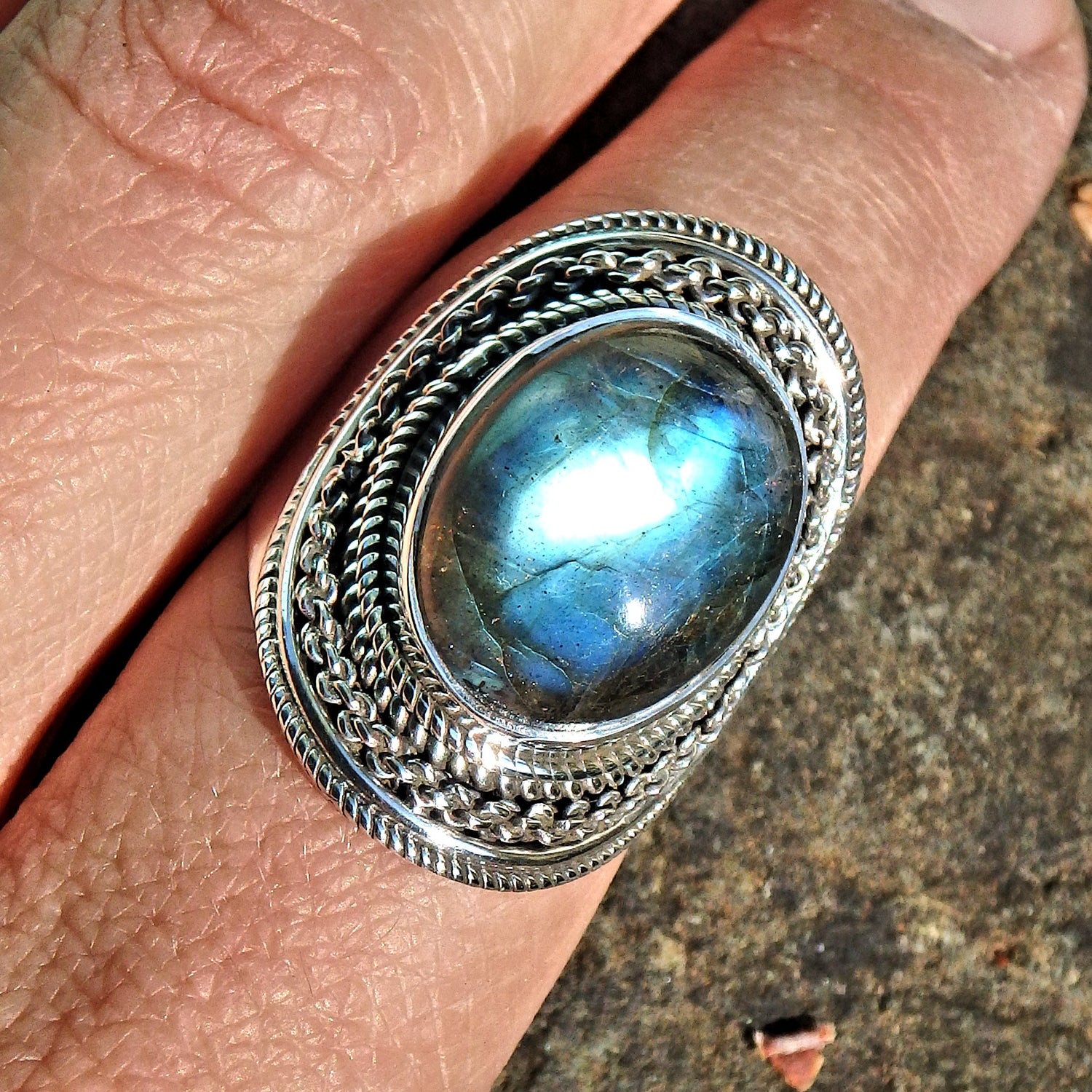 Mystical Moving Optical Blue Green Flash Labradorite Ring in Sterling Silver (Size 8.5) - Earth Family Crystals