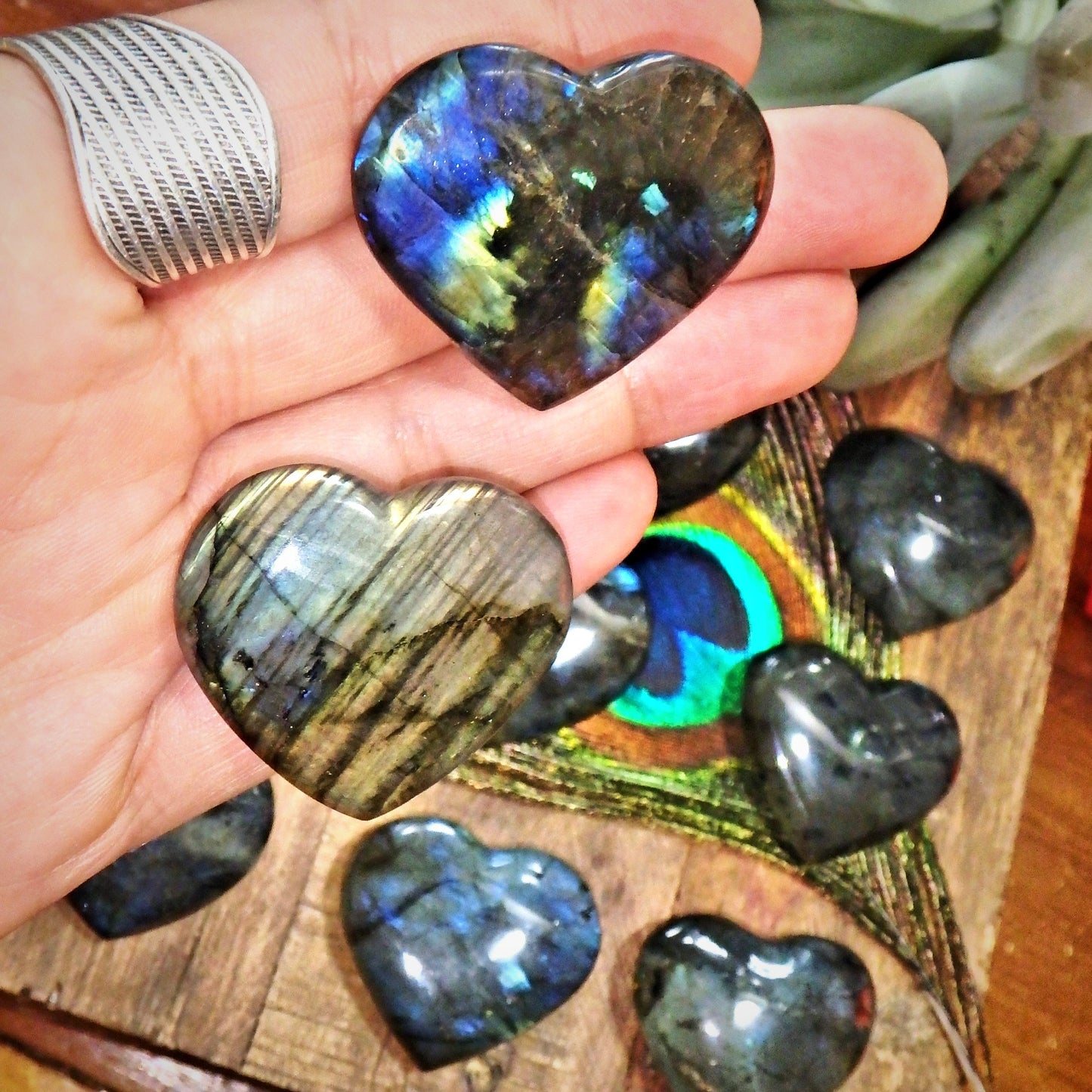 Set of 2 Hand Held Labradorite Pocket Hearts Perfect for Meditation
