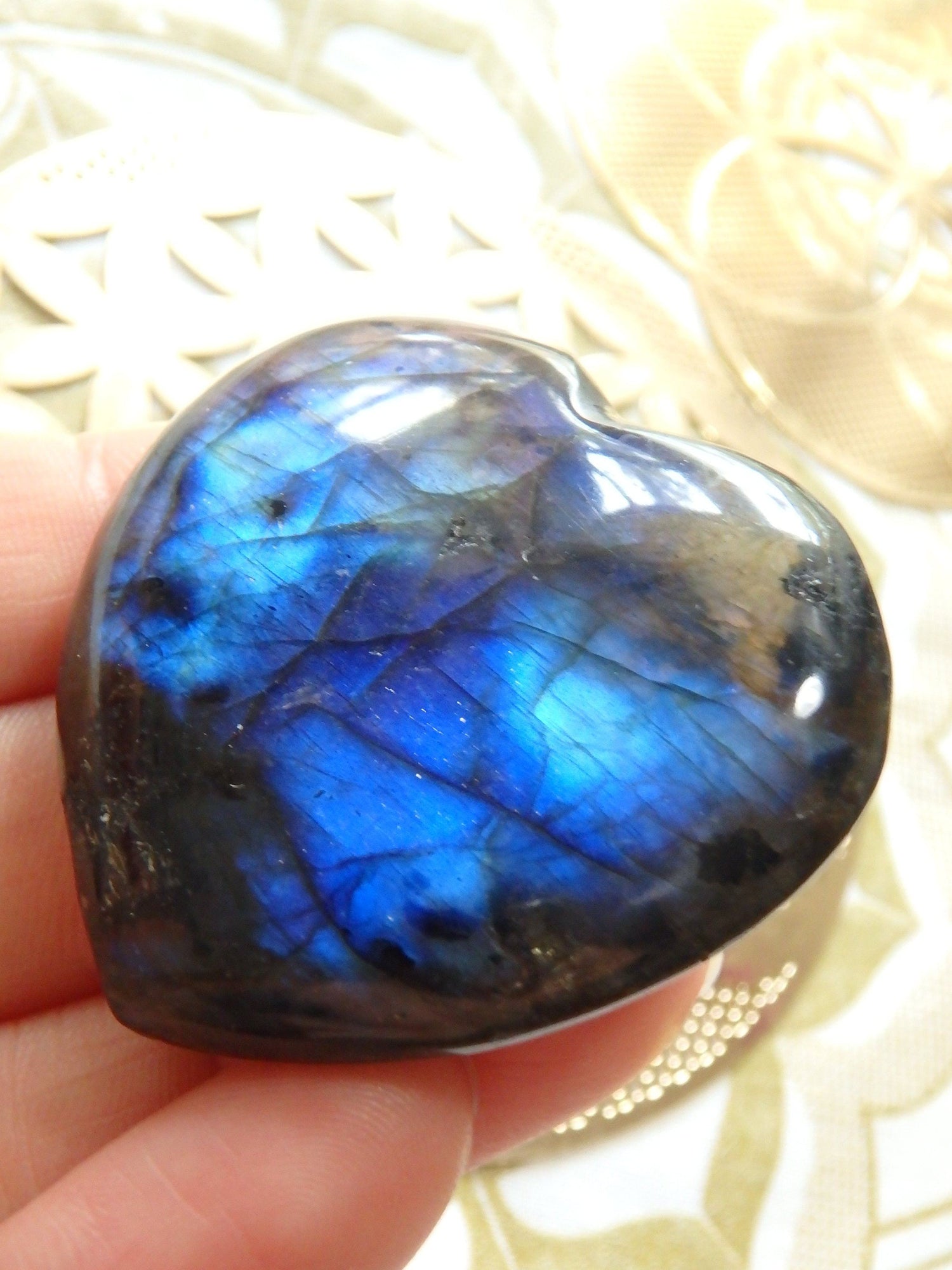  Deep Cobalt Blue Blushing Flashes Labradorite Hand Held Heart Carving 1