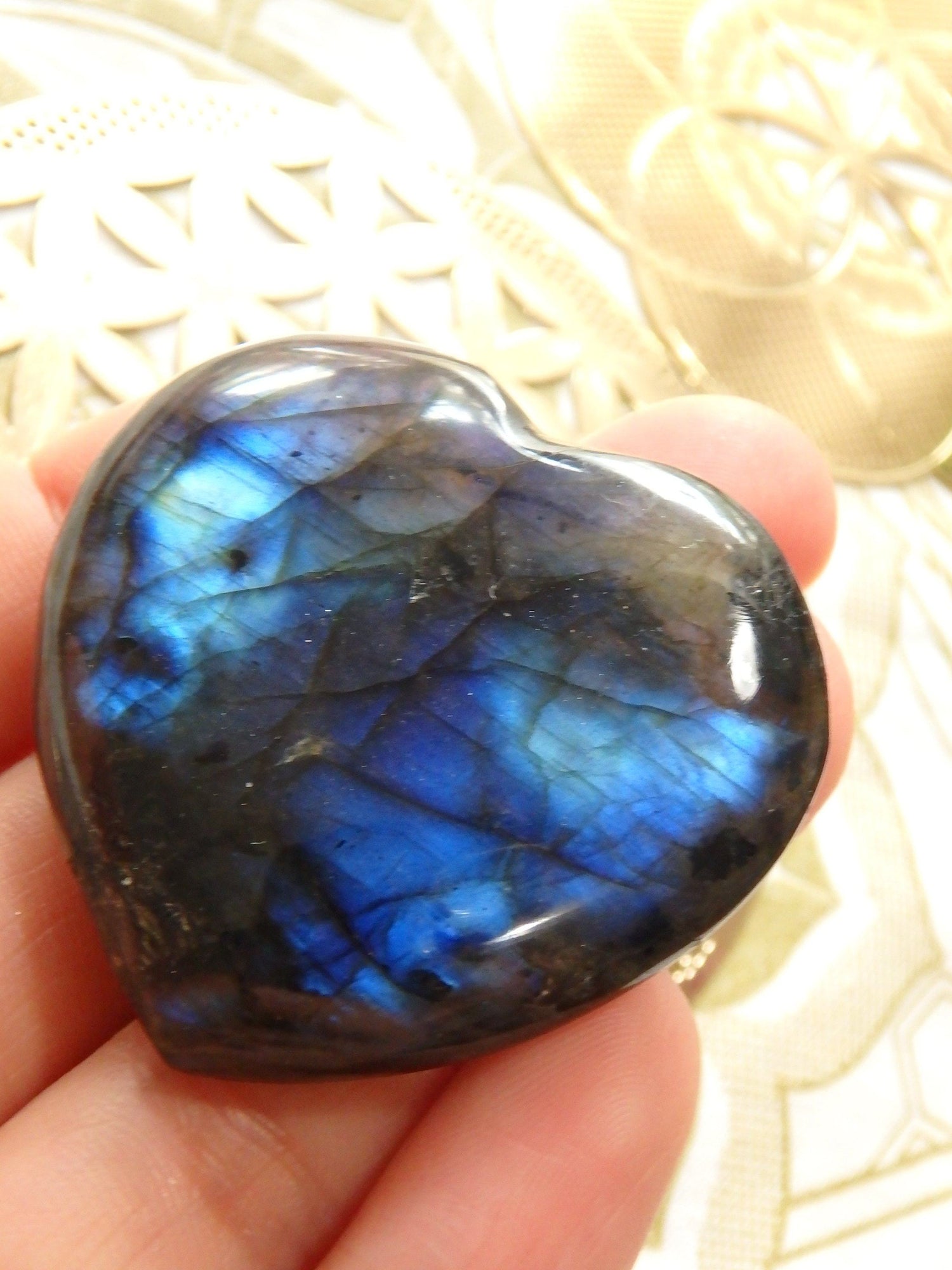 Deep Cobalt Blue Blushing Flashes Labradorite Hand Held Heart Carving 1