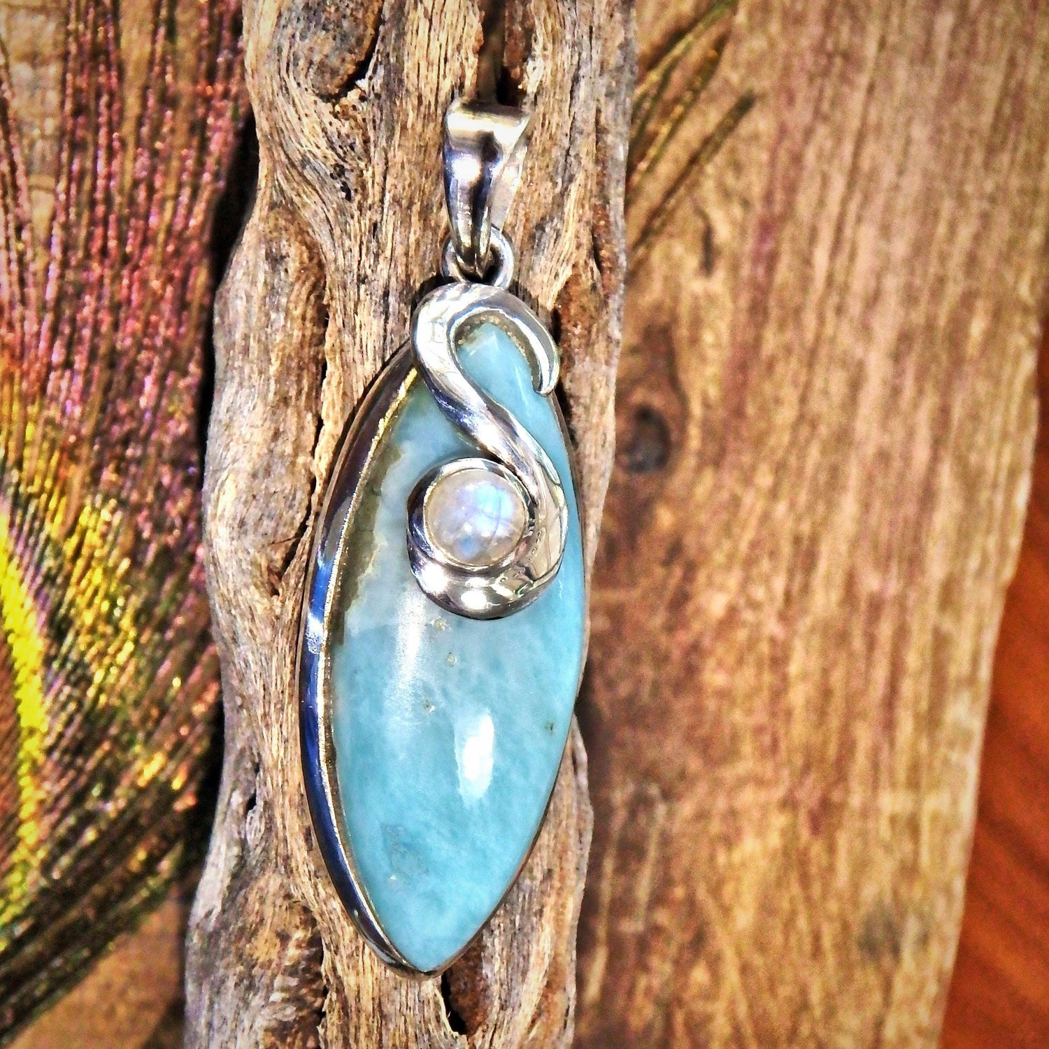  Deep Blue Larimar & Rainbow Moonstone Sterling Silver Pendant (Includes Silver Chain)
