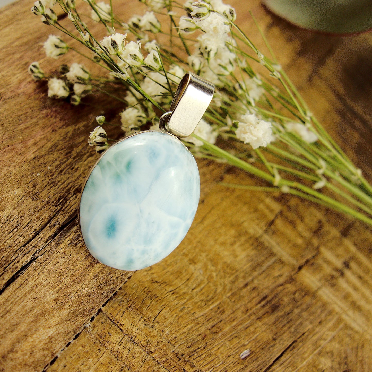 Lovely Frosted Blue Patterns Larimar Pendant in Sterling Silver (Includes Silver Chain) #1 - Earth Family Crystals