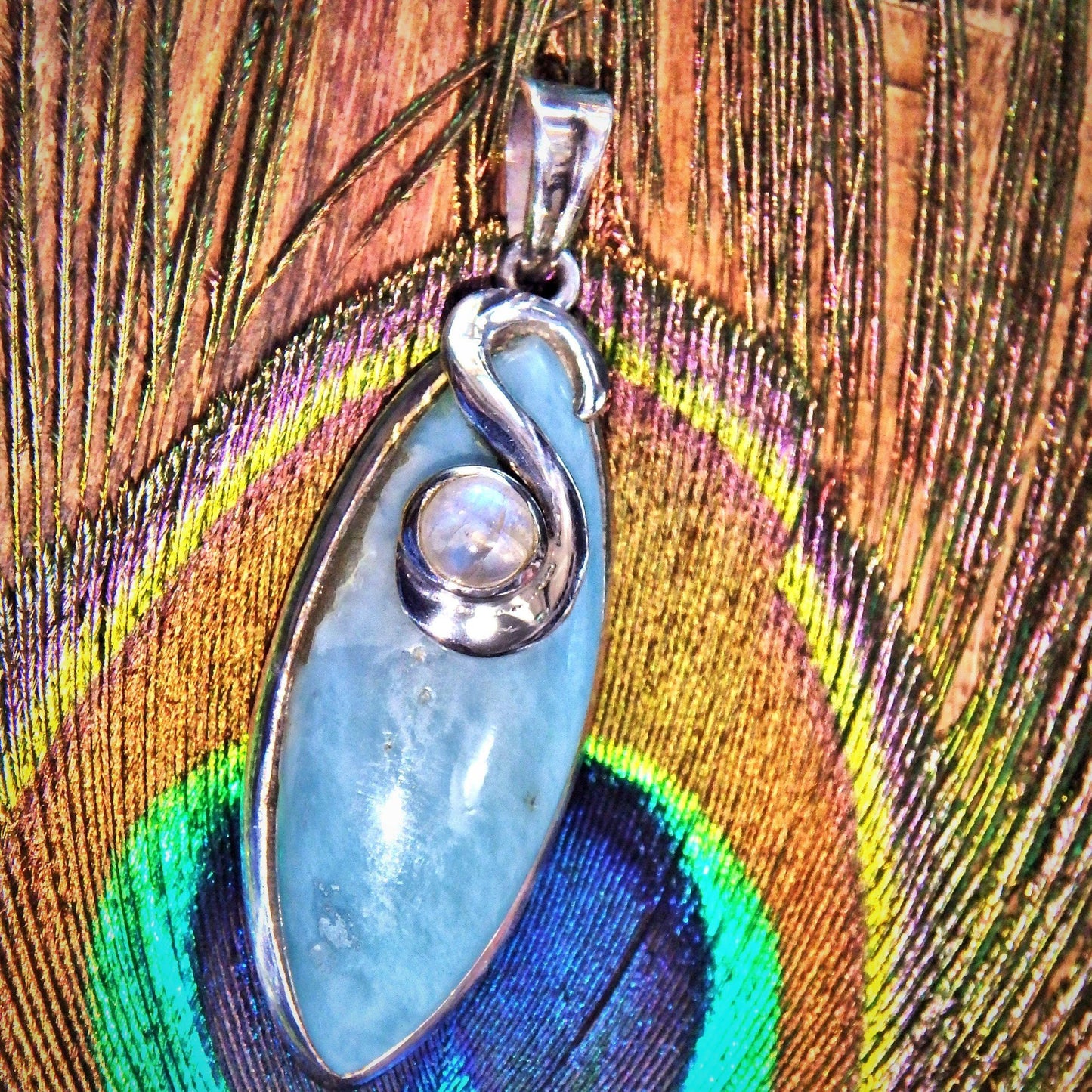  Deep Blue Larimar & Rainbow Moonstone Sterling Silver Pendant (Includes Silver Chain)