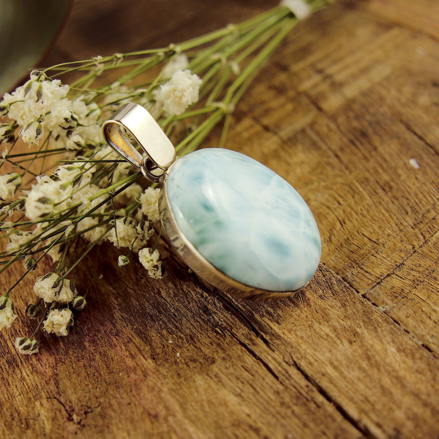 Lovely Frosted Blue Patterns Larimar Pendant in Sterling Silver (Includes Silver Chain) #1 - Earth Family Crystals