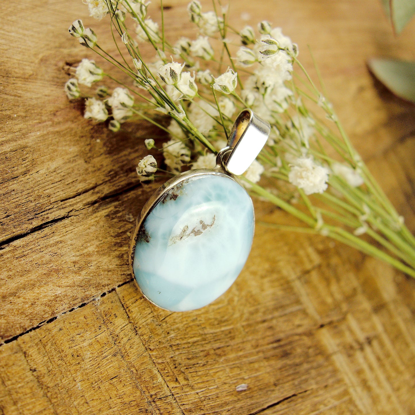 Lovely Frosted Blue Patterns Larimar Pendant in Sterling Silver (Includes Silver Chain) #2 - Earth Family Crystals