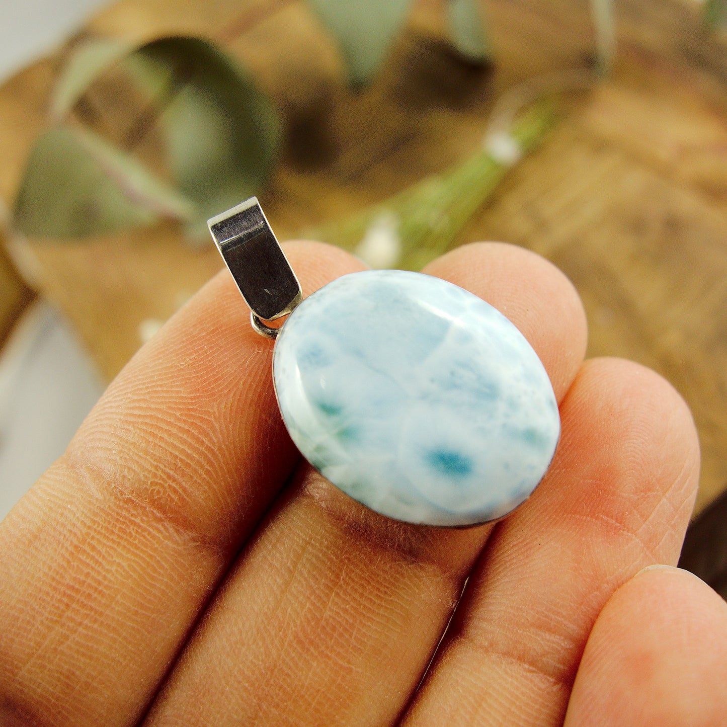 Lovely Frosted Blue Patterns Larimar Pendant in Sterling Silver (Includes Silver Chain) #1 - Earth Family Crystals