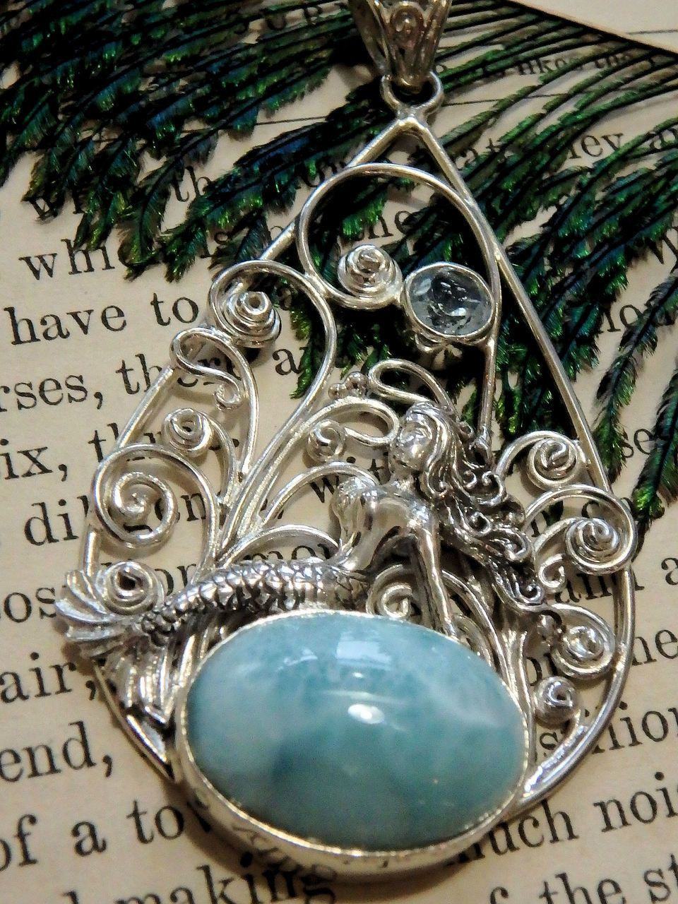  Beautiful Mermaid Sitting on Blue Larimar & Faceted Blue Topaz Pendant in Sterling Silver (Includes Silver Chain)