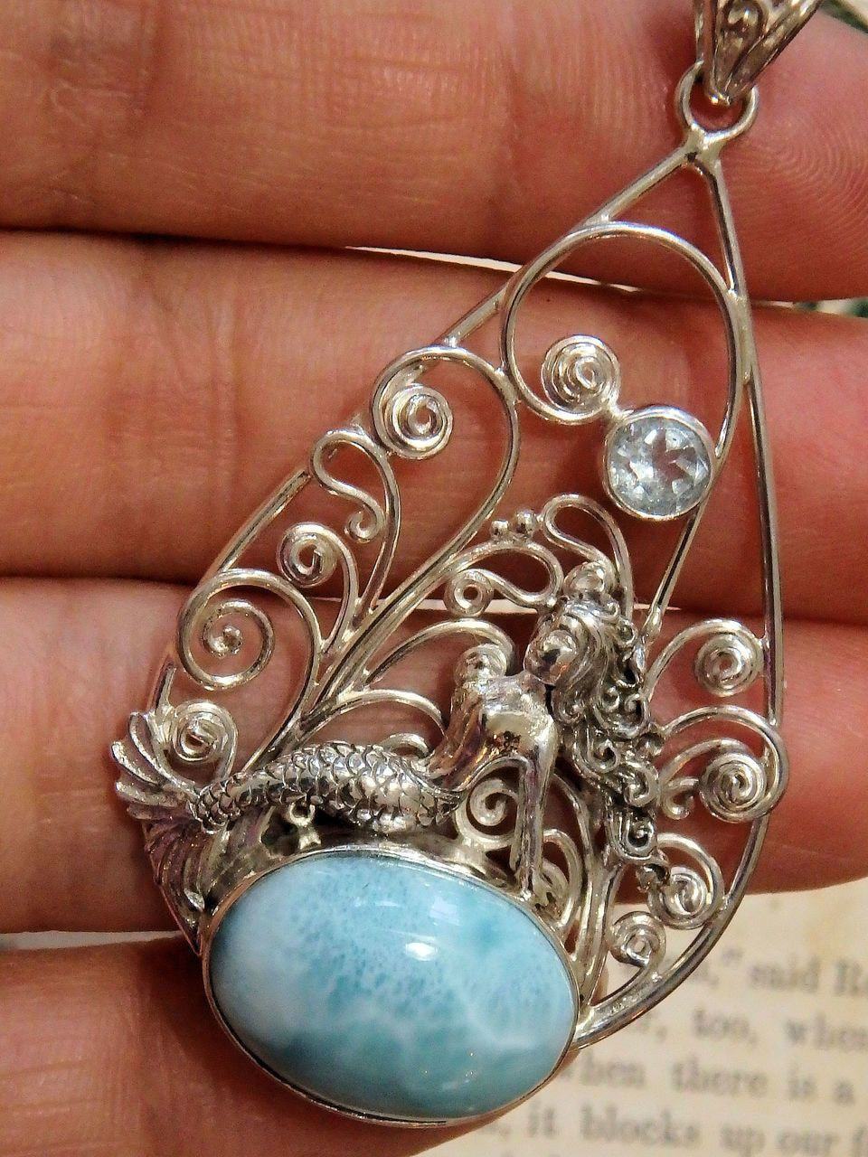  Beautiful Mermaid Sitting on Blue Larimar & Faceted Blue Topaz Pendant in Sterling Silver (Includes Silver Chain)