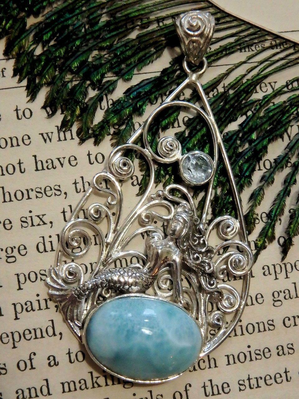  Beautiful Mermaid Sitting on Blue Larimar & Faceted Blue Topaz Pendant in Sterling Silver (Includes Silver Chain)