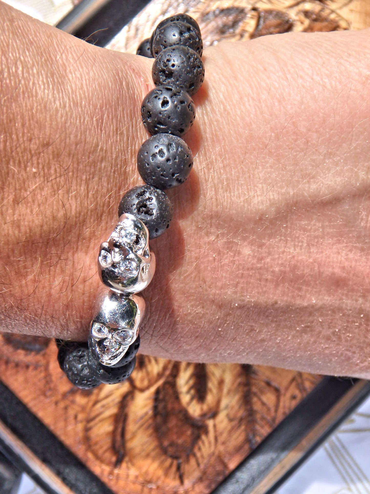Lava Stone Bracelet With Double Silver Skull Charms (Perfect for Essential Oils & Perfume) - Earth Family Crystals