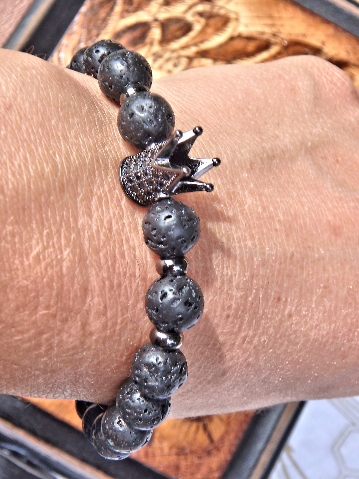Lava Stone Bracelet With Black Crown Charm (Perfect for Essential Oils & Perfume) - Earth Family Crystals