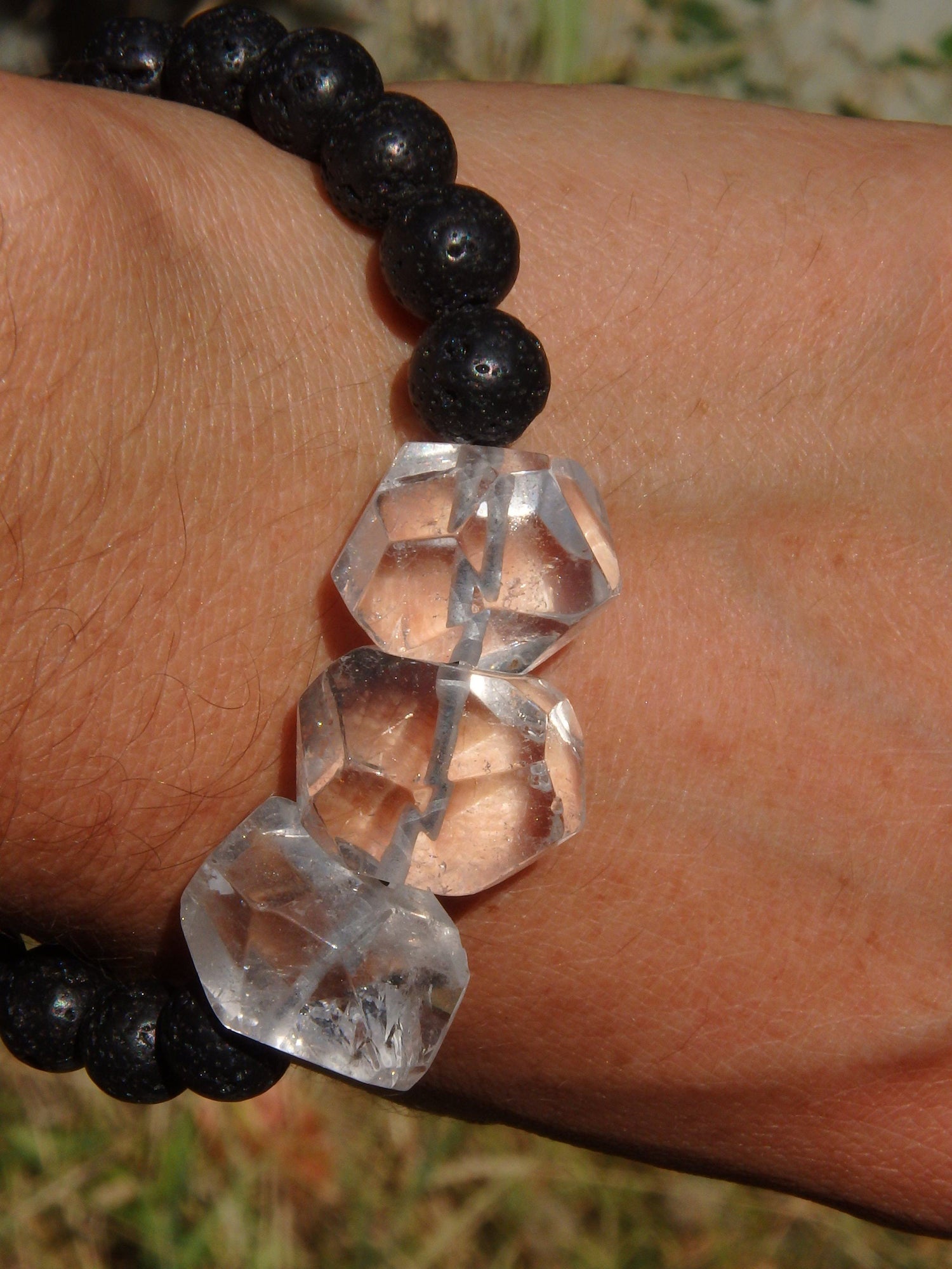  Clear Quartz Stones & Lava Stone Adjustable Cord Bracelet