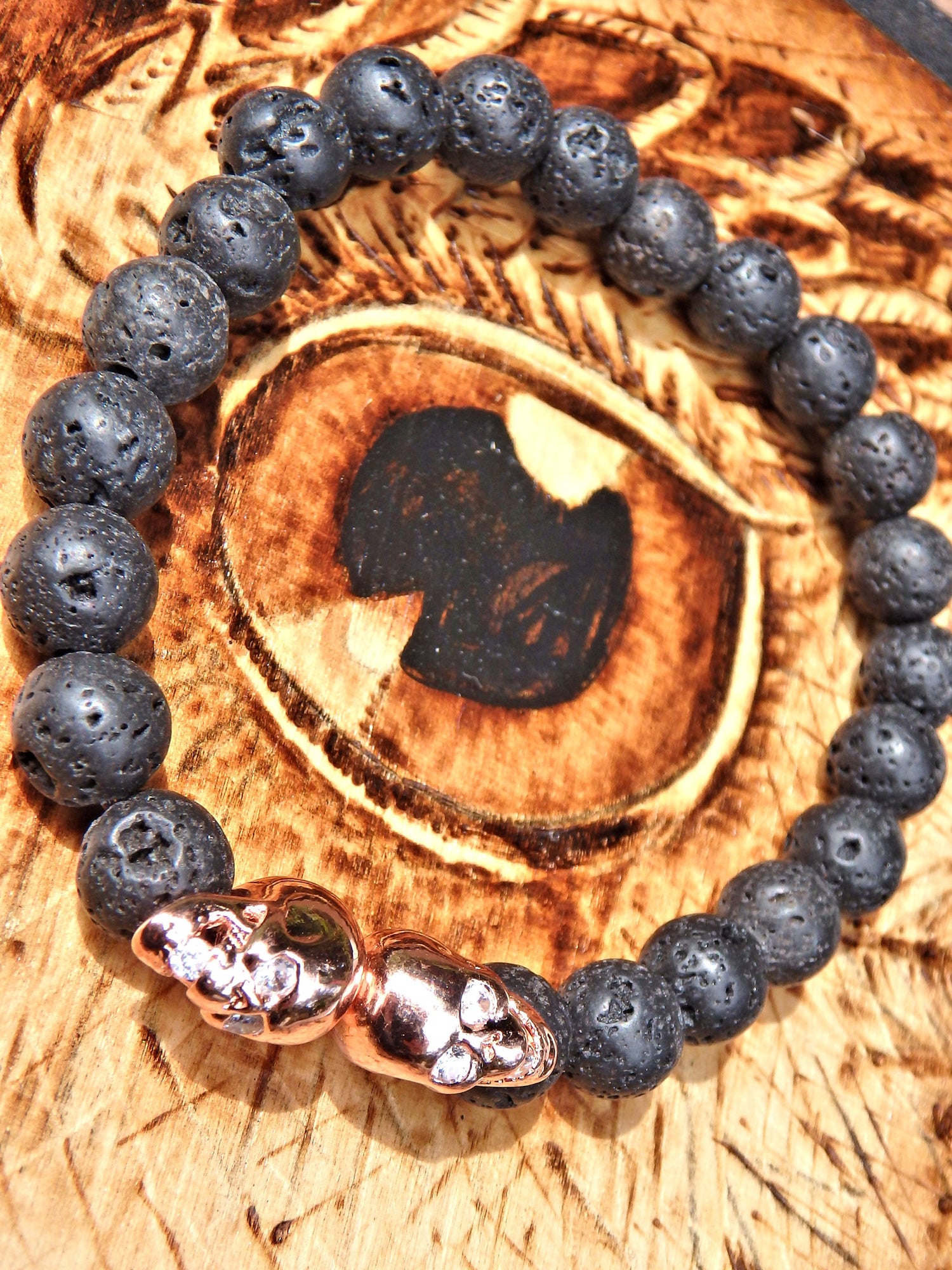 Lava Stone Bracelet With Double Rose Golden Color Skull Charms (Perfect for Essential Oils & Perfume) - Earth Family Crystals